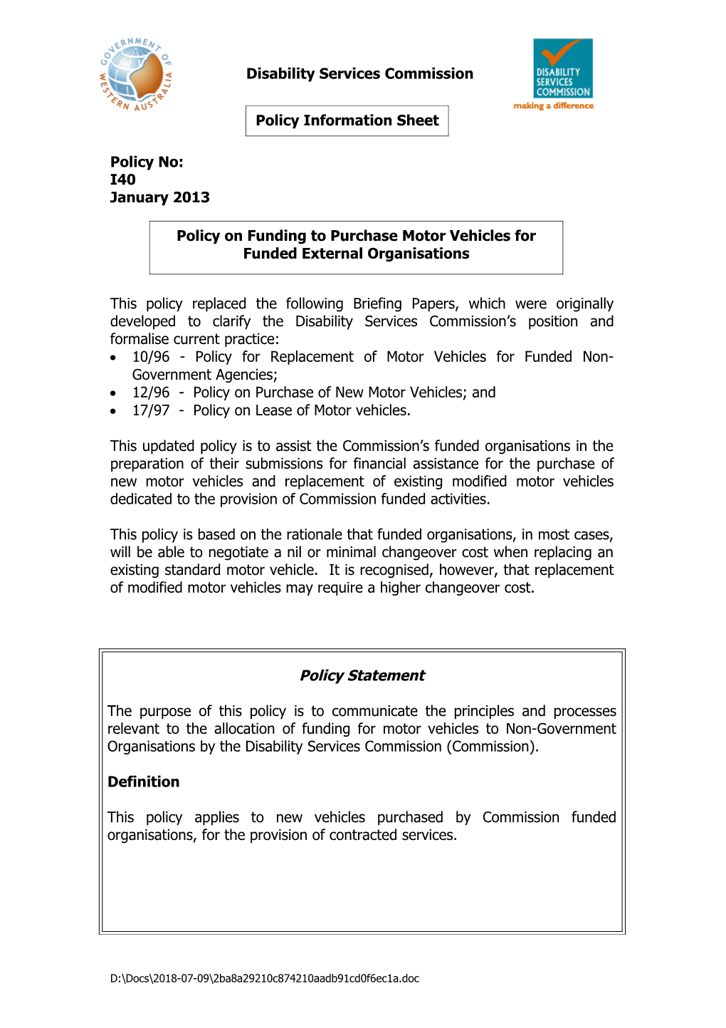 Policy on Funding to Purchase Motor Vehicles