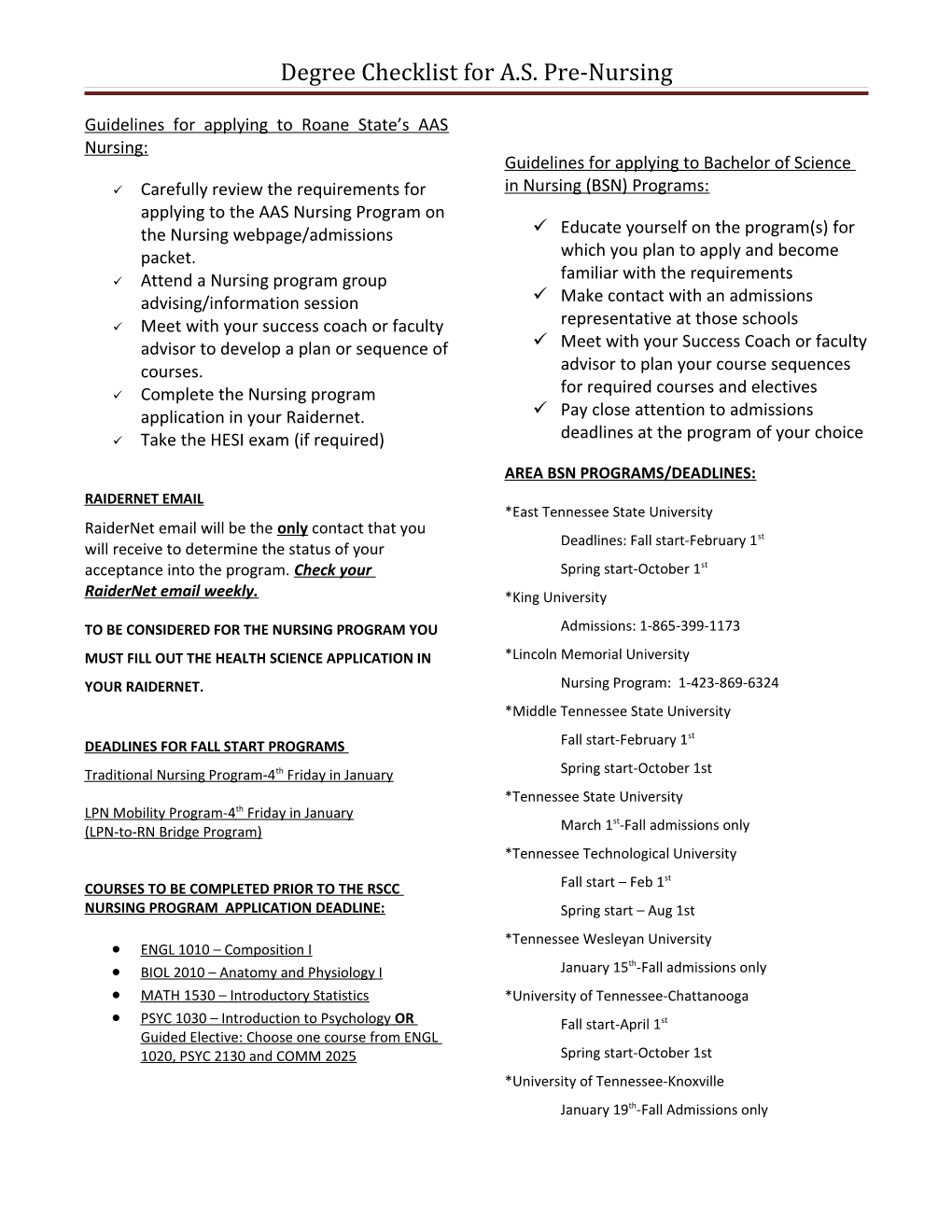 Degree Checklist for A.S. Pre-Nursing