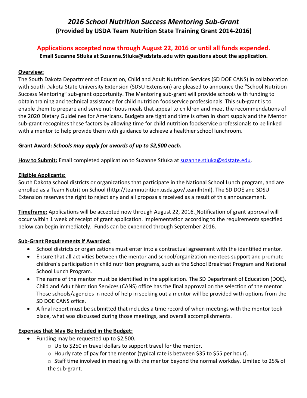 Mini-Grant Funds Are Being Provided by the South Dakota Department of Education Child &