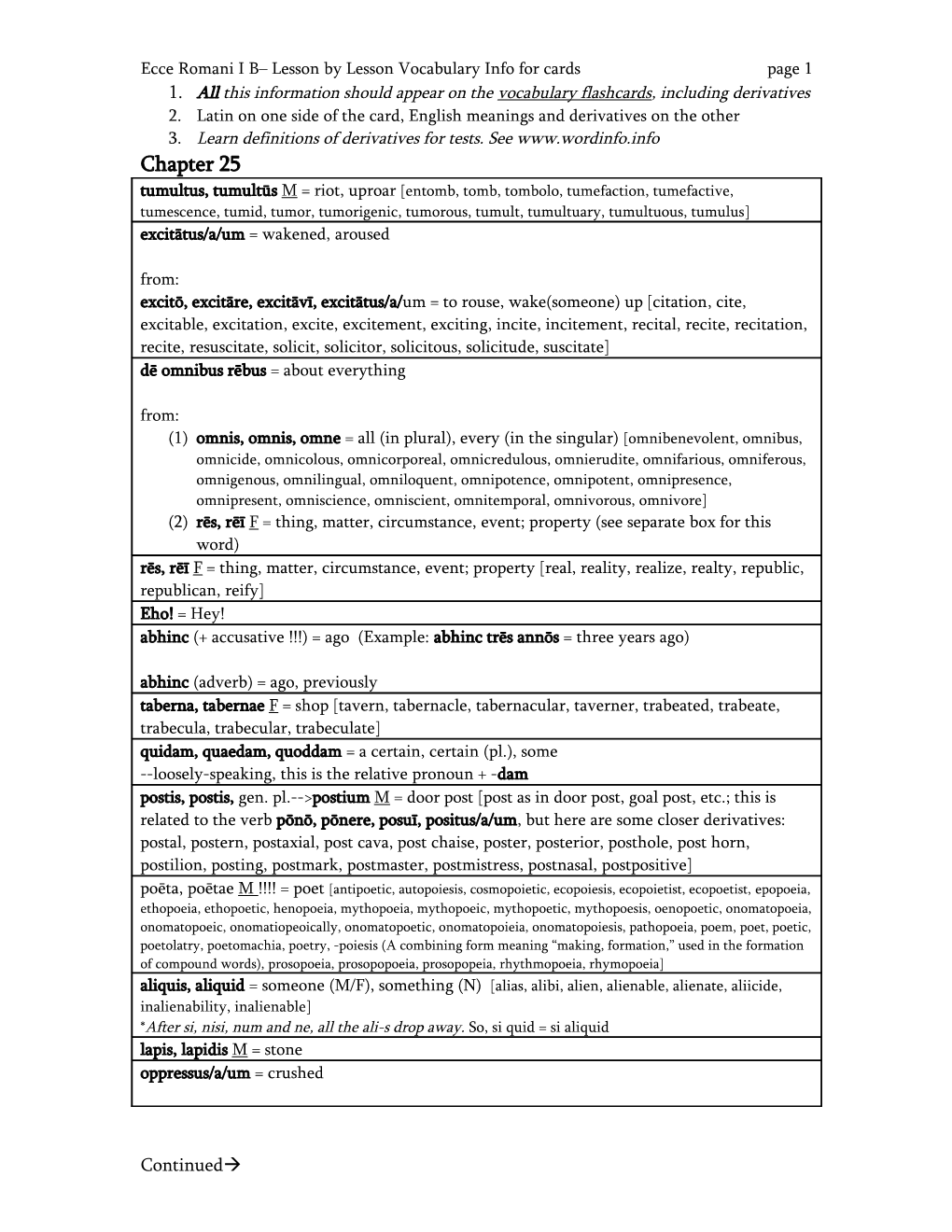 Ecce Romani I B Lesson by Lesson Vocabulary Info for Cards Page 6