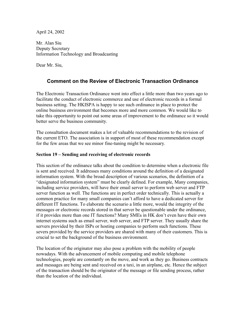 Comment on the Review of Electronic Transaction Ordinance