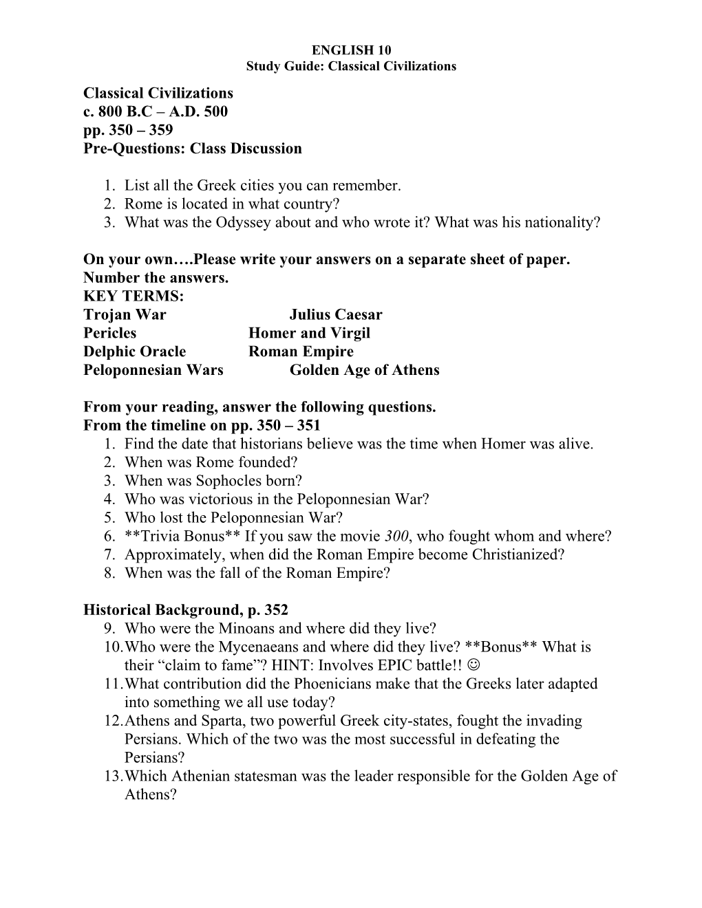 Study Guide: Classical Civilizations