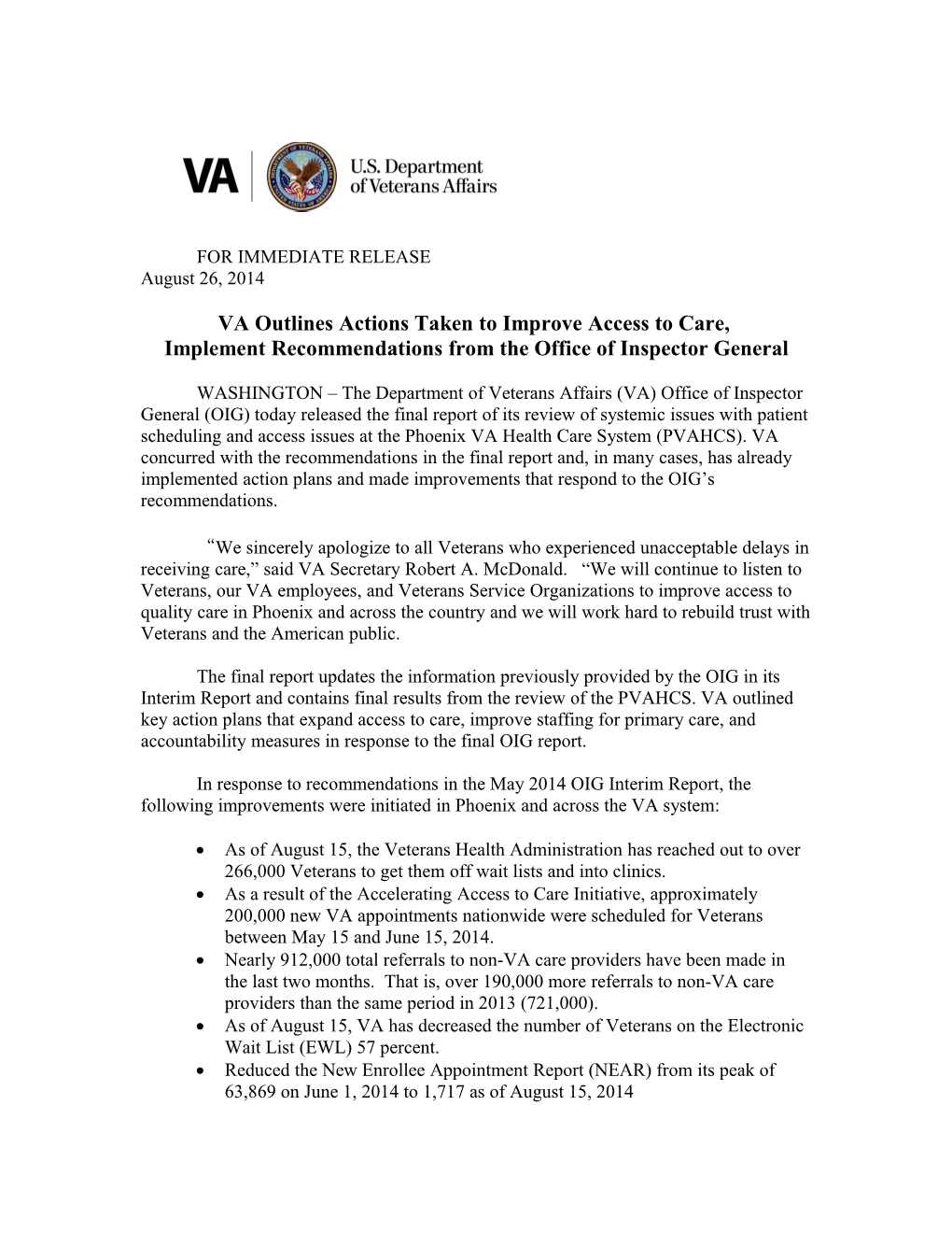 VA Outlines Actions Taken to Improve Access to Care