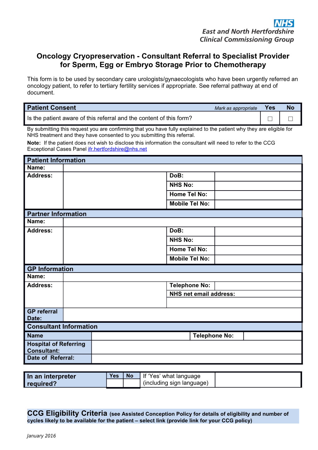 Oncology Cryopreservation - Consultant Referral to Specialist Provider