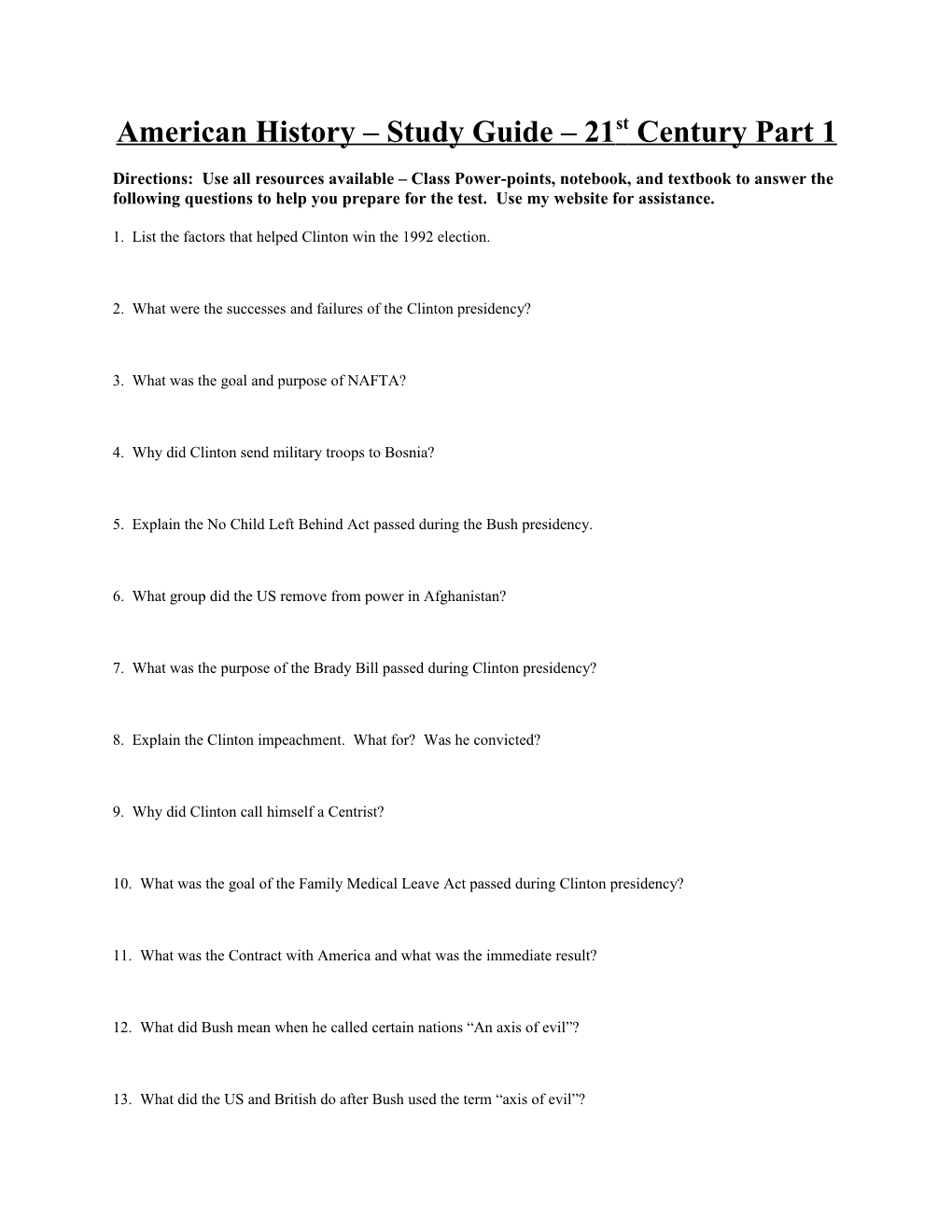 American History Study Guide 21St Century Part 1
