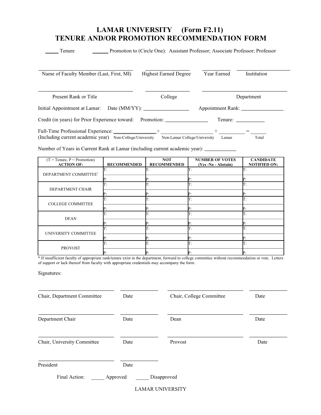 Tenure And/Or Promotion Recommendation Form