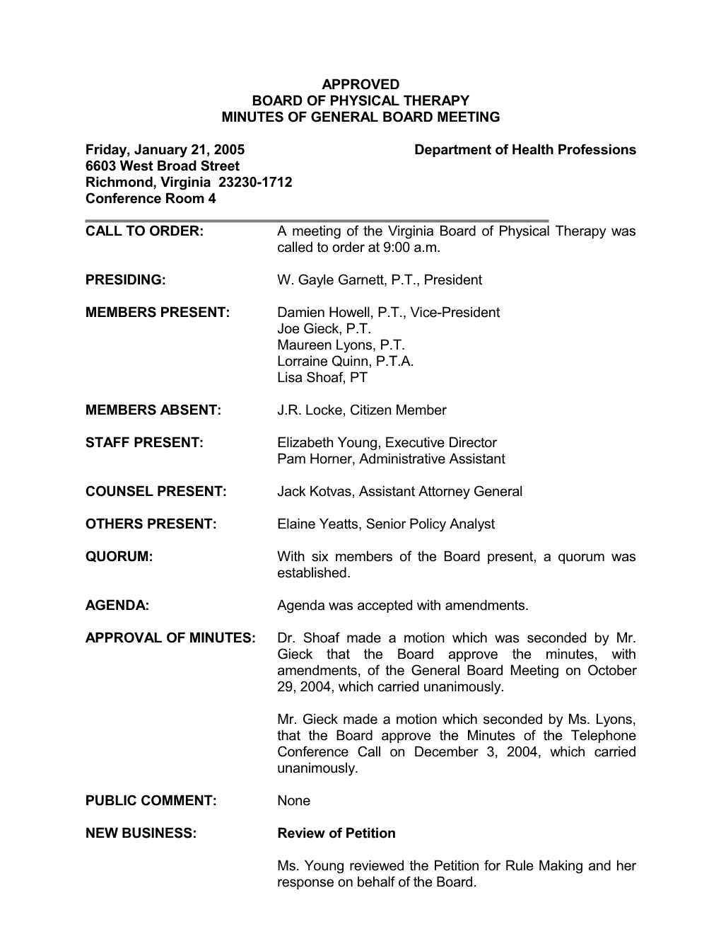 Physical Therapy-Board Meeting Minutes - January 21, 2005
