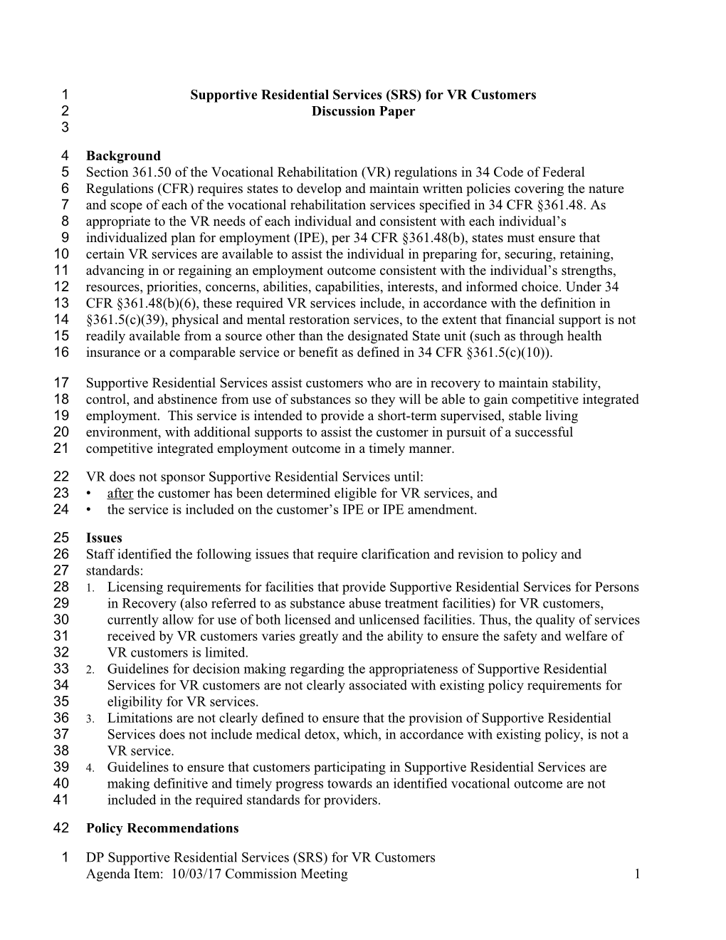 Commission Meeting Materials October 3, 2017 9:00 A.M. - Discussion Paper - VR Services