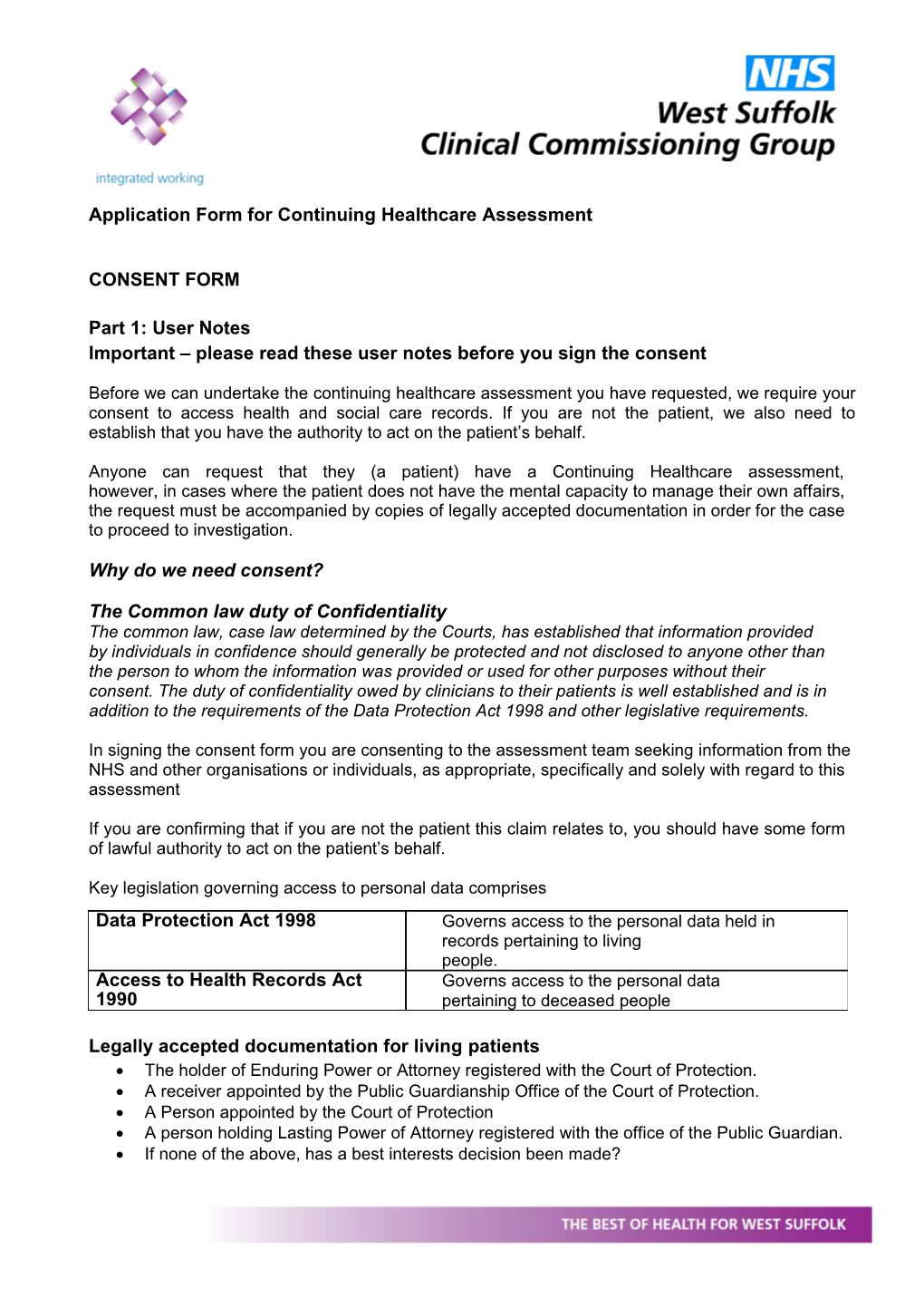 Application Form for Continuing Healthcareassessment