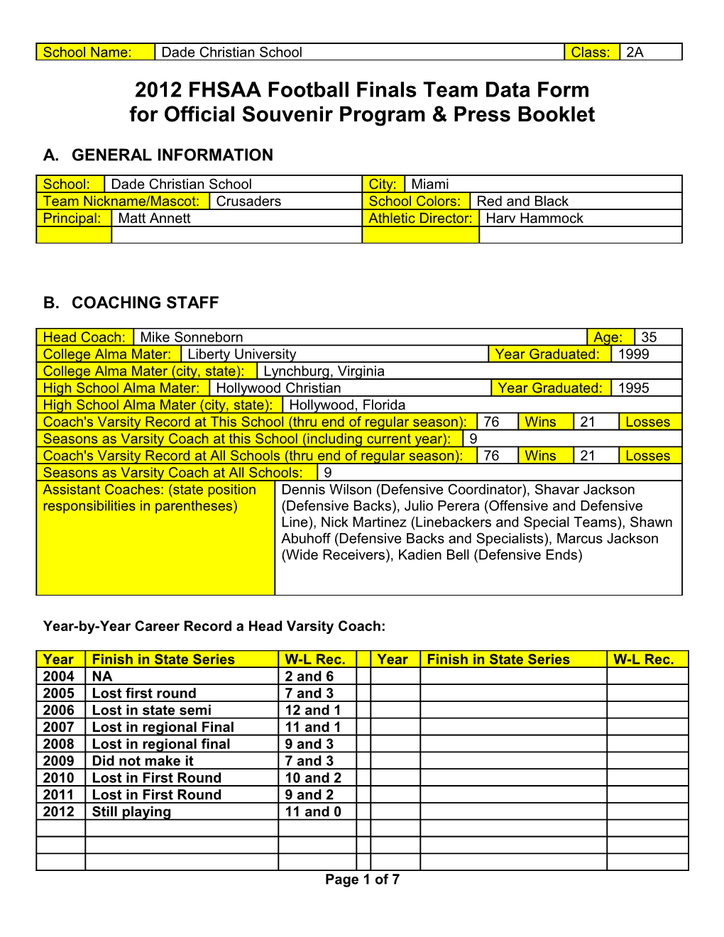 2012 FHSAA Football Finals Team Data Form