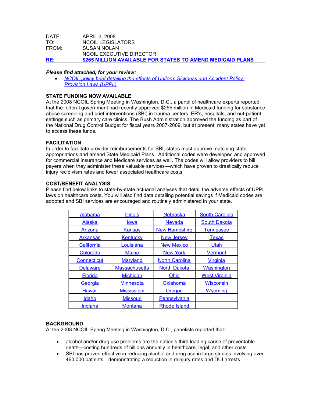 Re: $265 Million Available for States to Amend Medicaid Plans