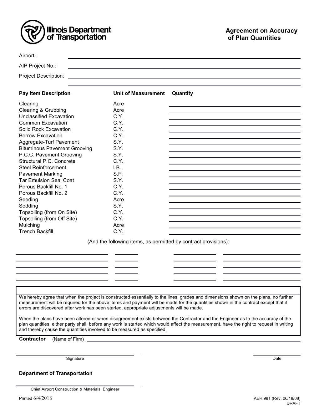 Agreement on Accuracy of Plan Quantities