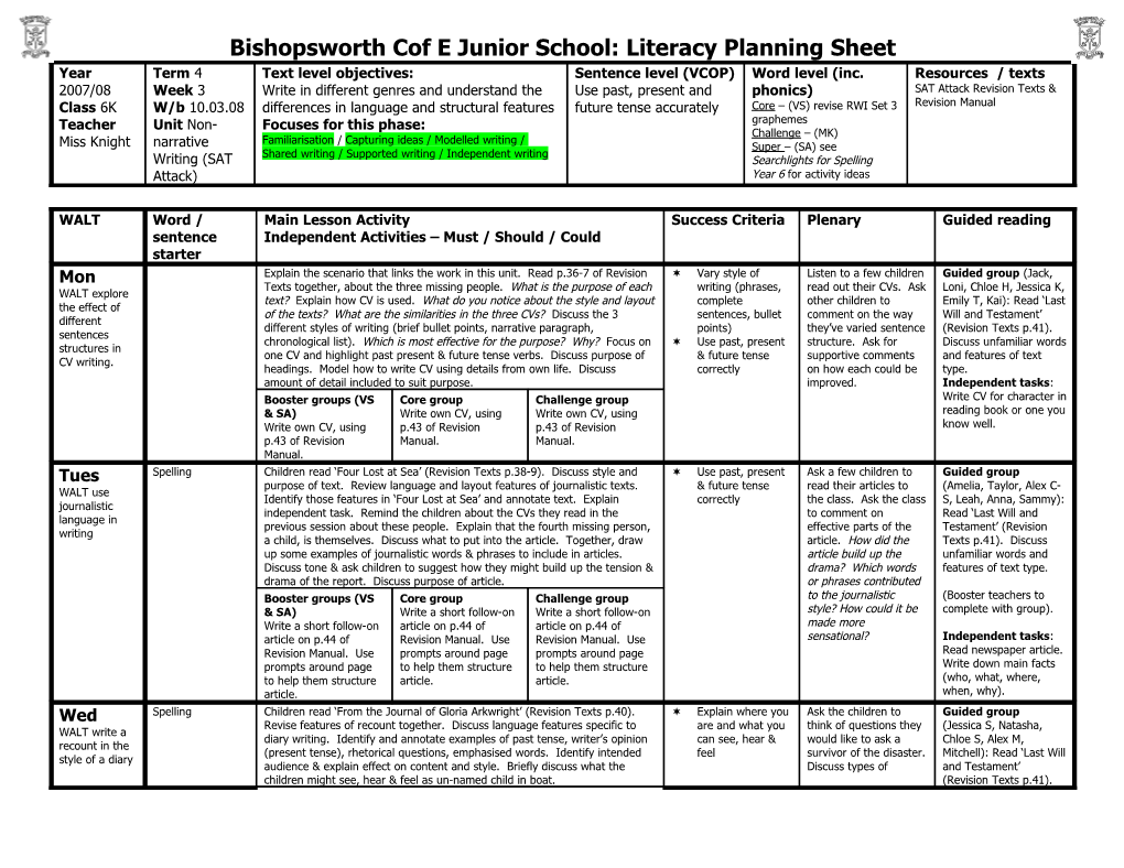 Bishopsworth Cof E Junior School: Literacy Planning Sheet