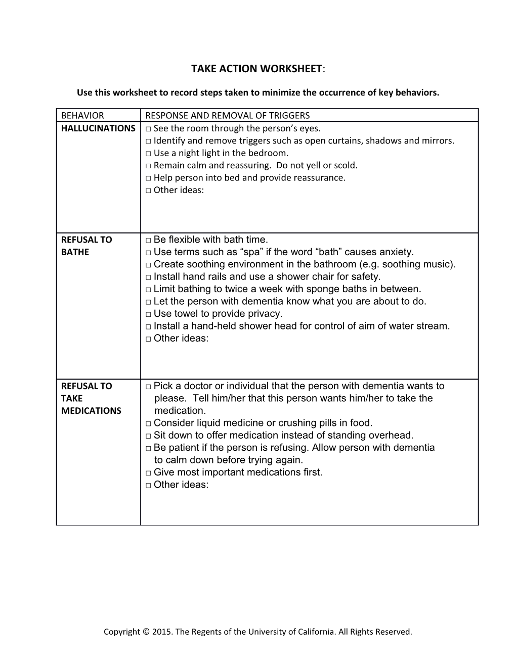 Use This Worksheet to Record Steps Taken to Minimize the Occurrence of Key Behaviors