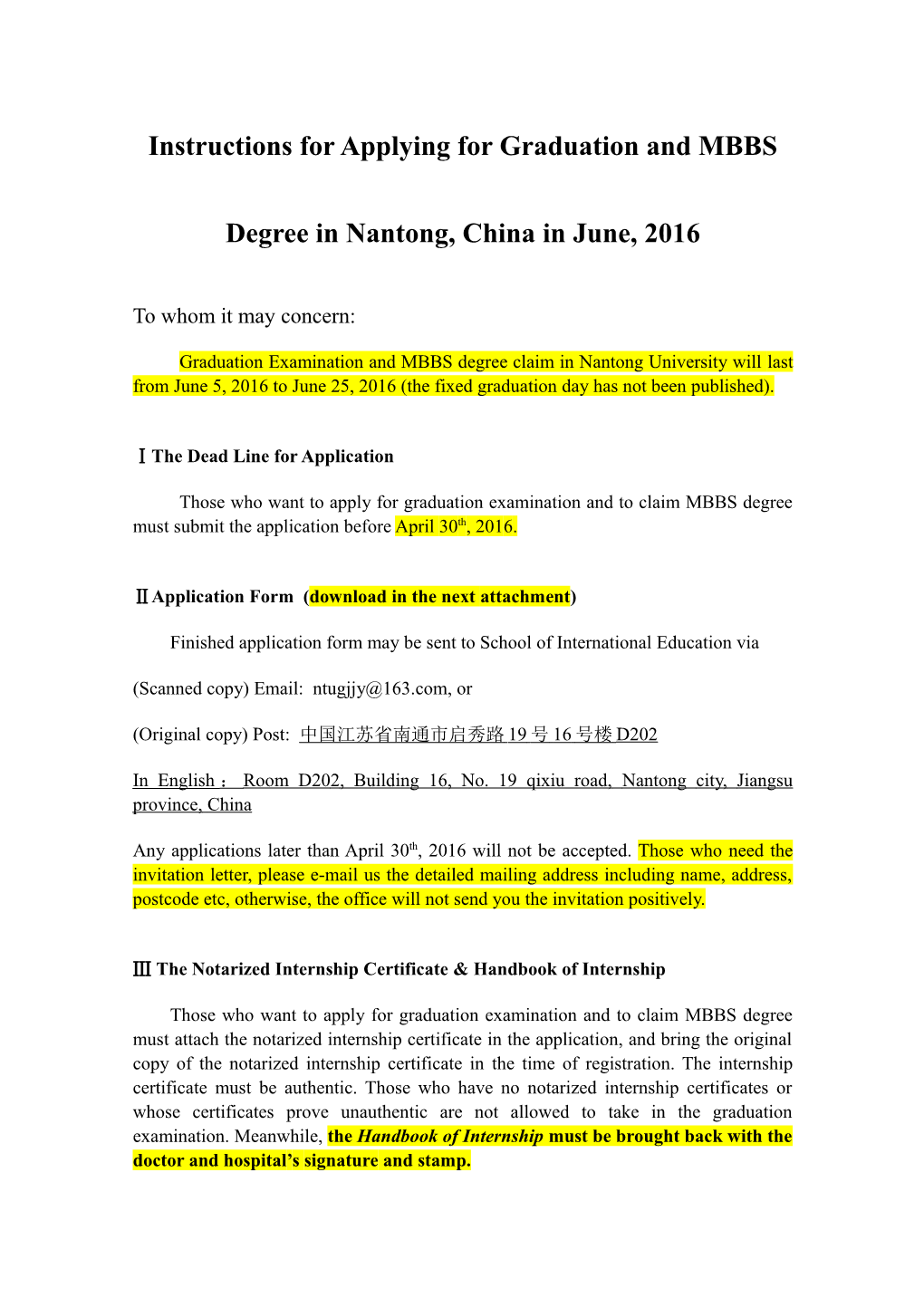 Instructions for Applying for Graduation and MBBS Degree in Nantong, China in June, 2016