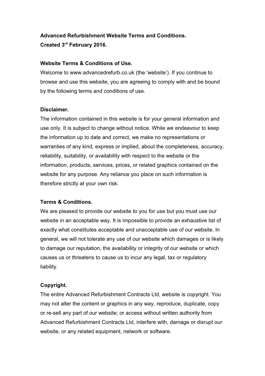 Advanced Refurbishment Website Terms and Conditions