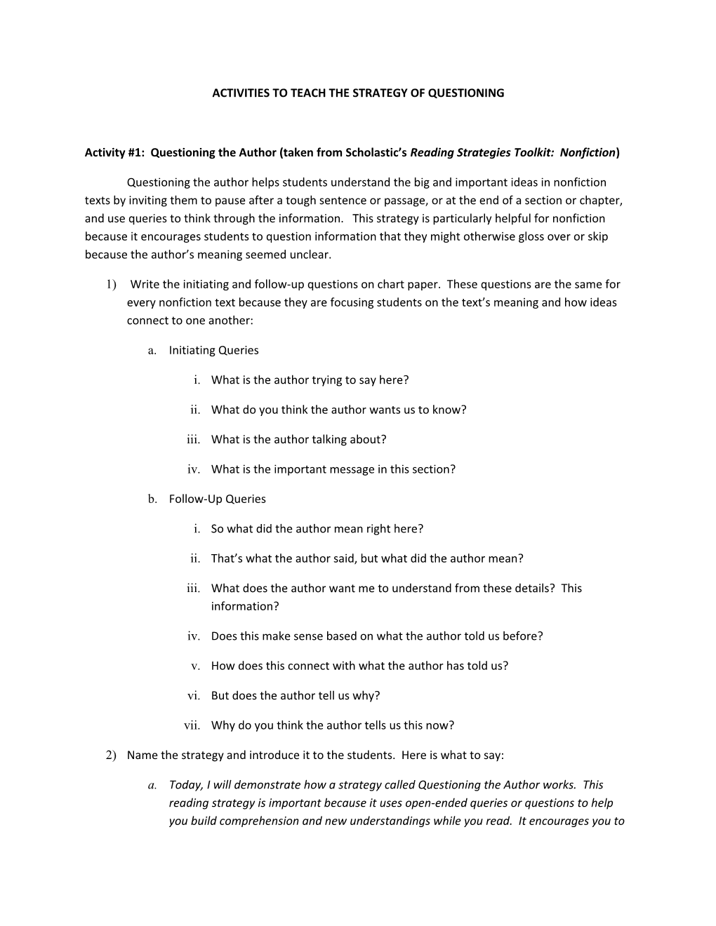 Activities to Teach the Strategy of Questioning