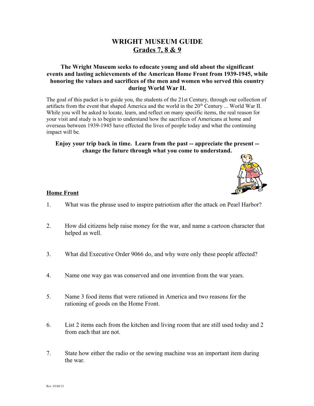 Wright Museum: Student Worksheet Grades 7-9