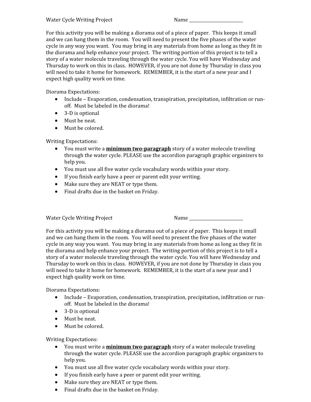 Water Cycle Writing Projectname ______