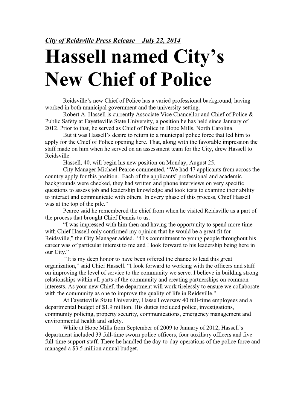 City of Reidsville Press Release July 22, 2014
