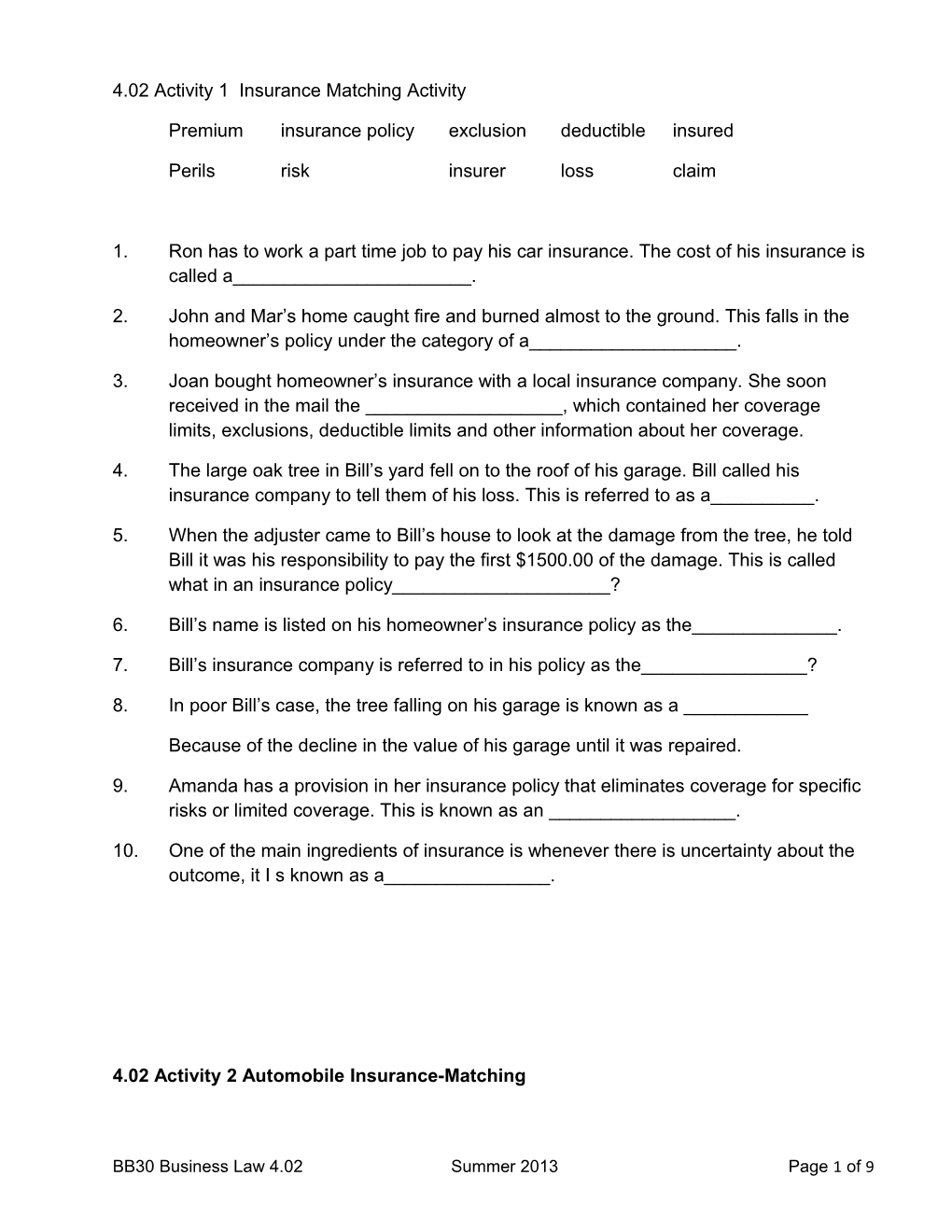 4.02 Activity 1 Insurance Matching Activity