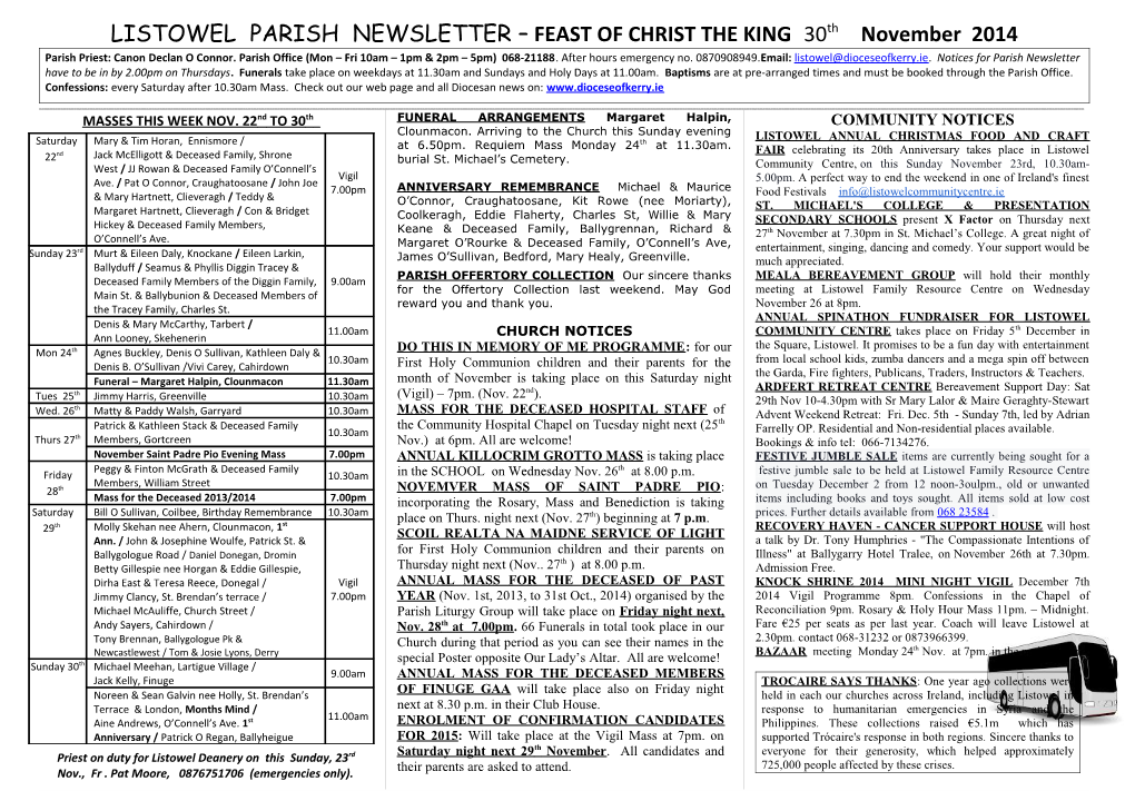 LISTOWEL PARISH NEWSLETTER FEAST of CHRIST the KING 30Th November 2014