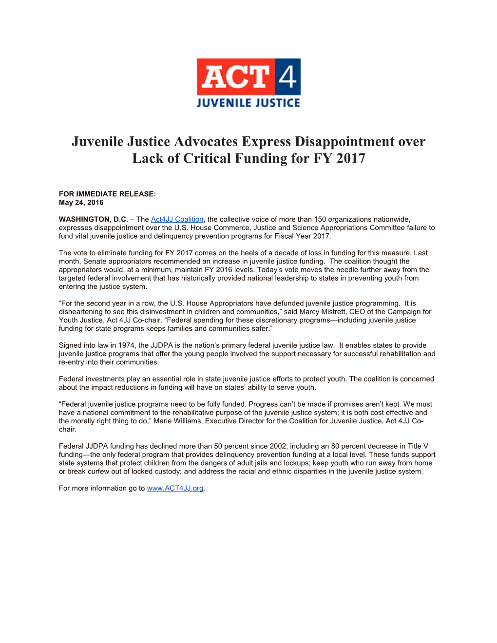 Juvenile Justice Advocates Express Disappointment Over Lack of Critical Funding for FY 2017