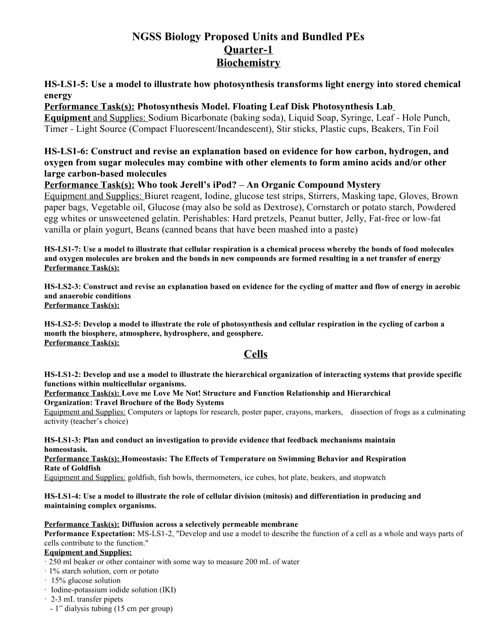 NGSS Biology Proposed Units and Bundled Pes