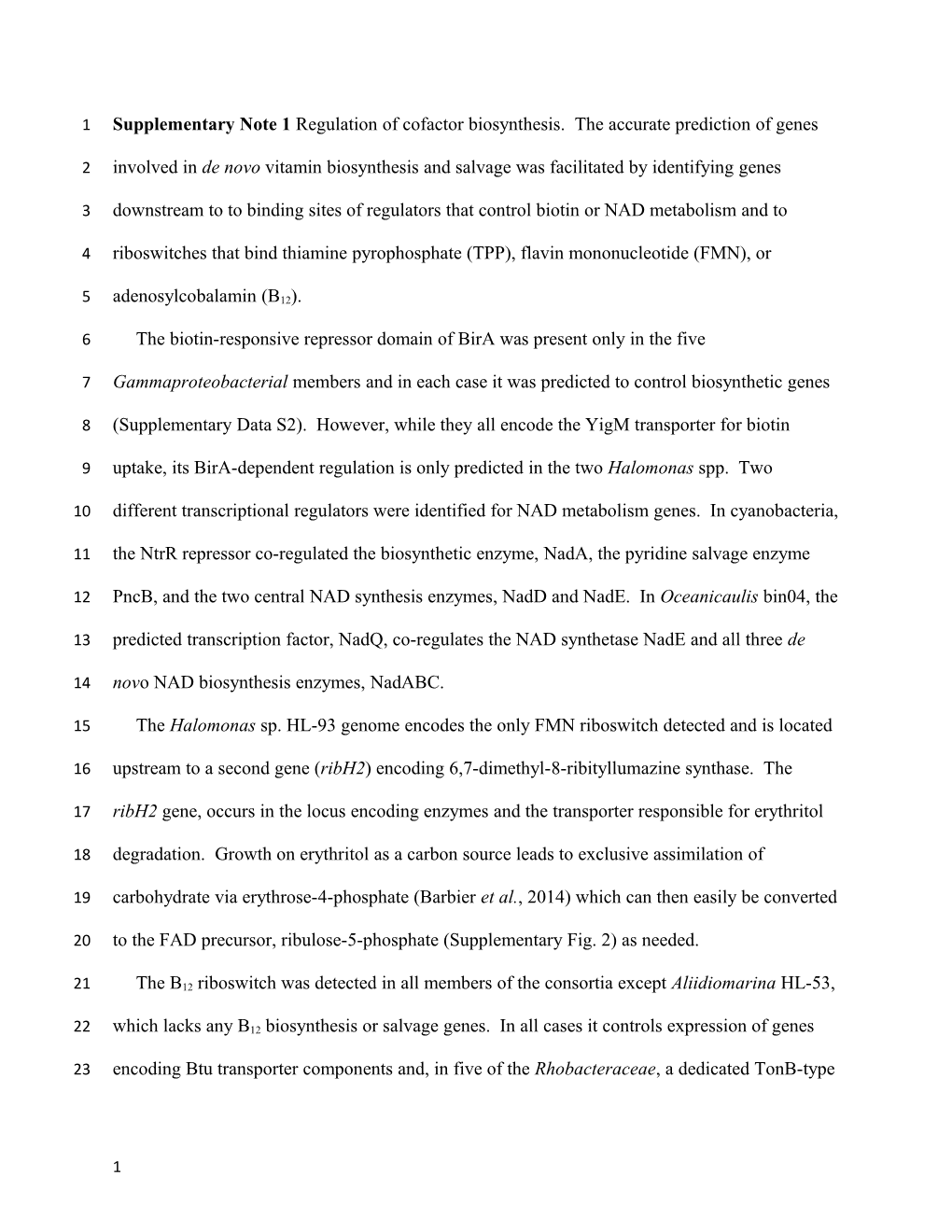 Supplementary Note 1 Regulation of Cofactor Biosynthesis. the Accurate Prediction of Genes