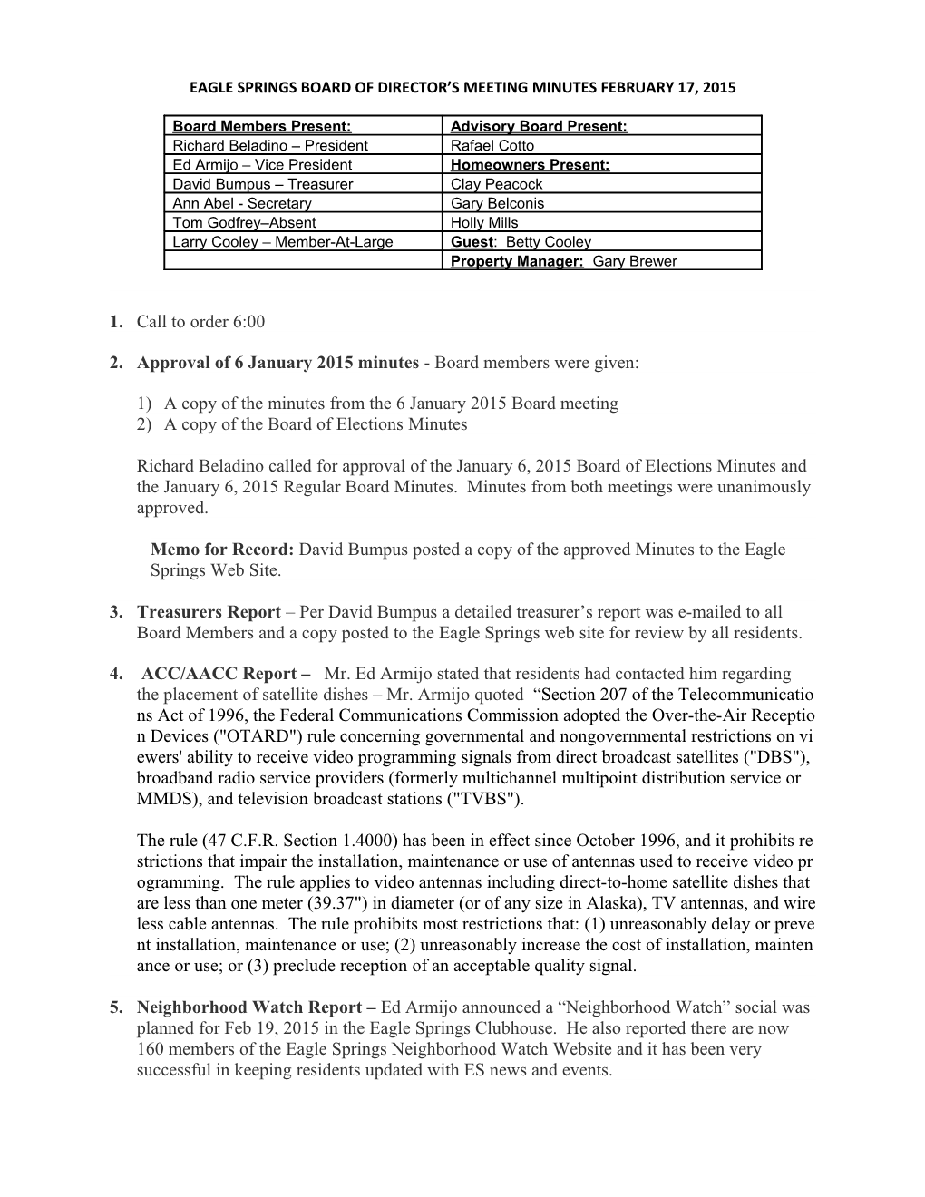 Eagle Springs Board of Director S Meeting Minutes Feb 10, 2014