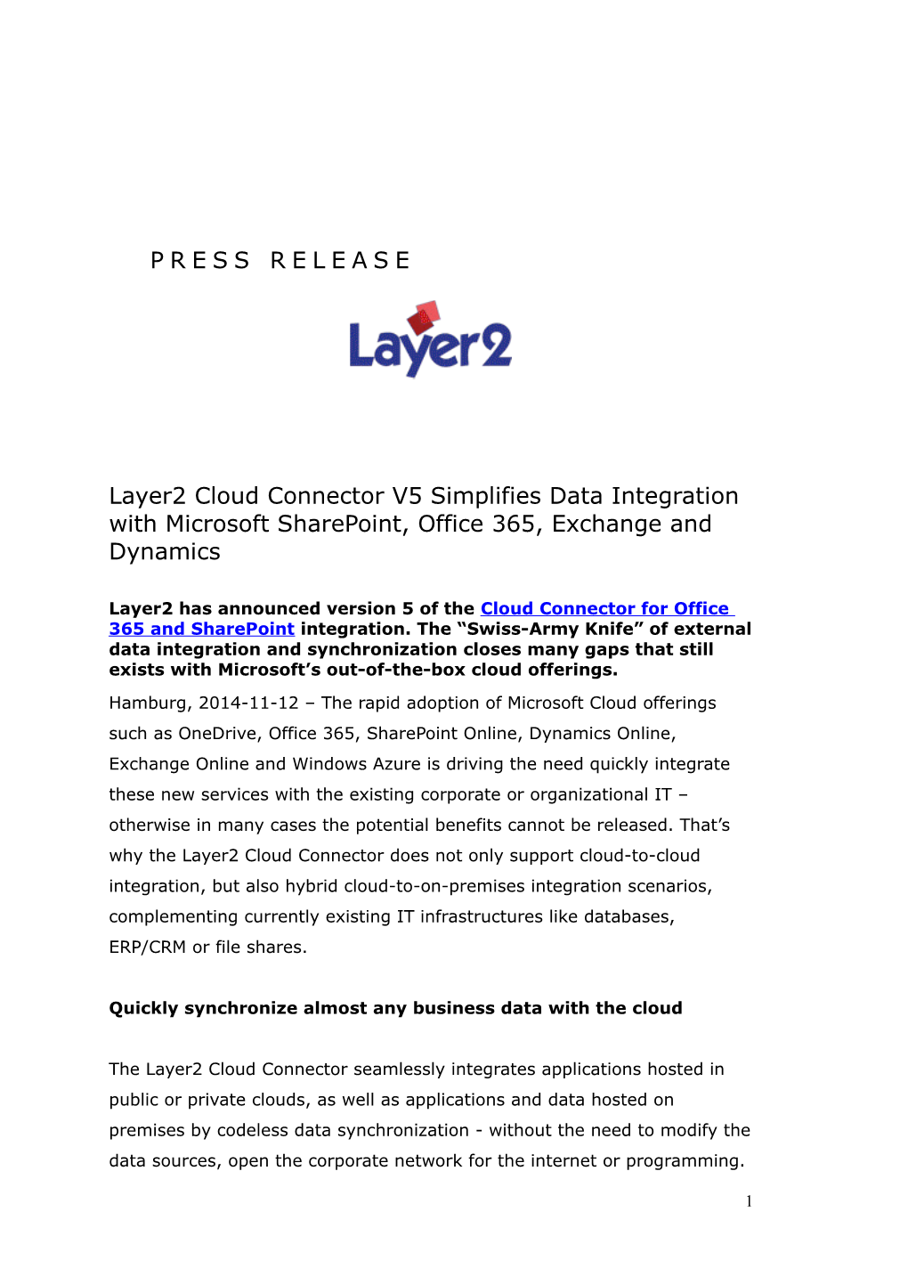2014-11-12: Layer2 Cloud Connector V5 Simplifies Data Integration with Microsoft Sharepoint
