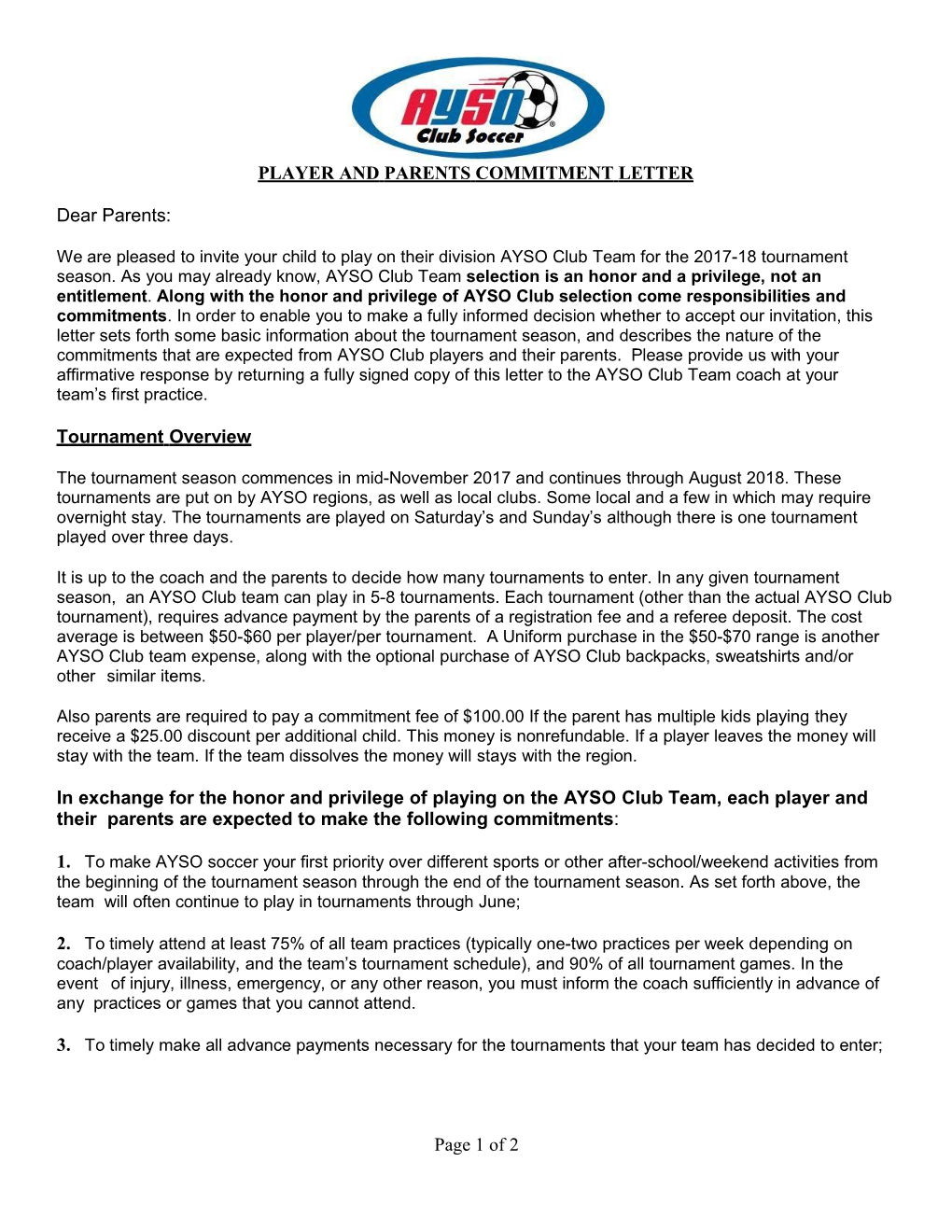 Player and Parent Commitment Letter