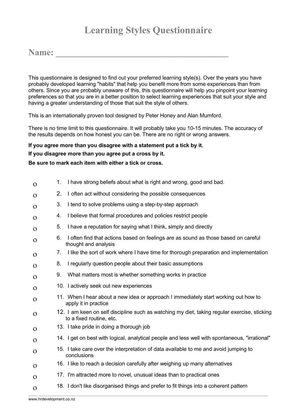 Honey and Mumford Learning Styles Questionnaire