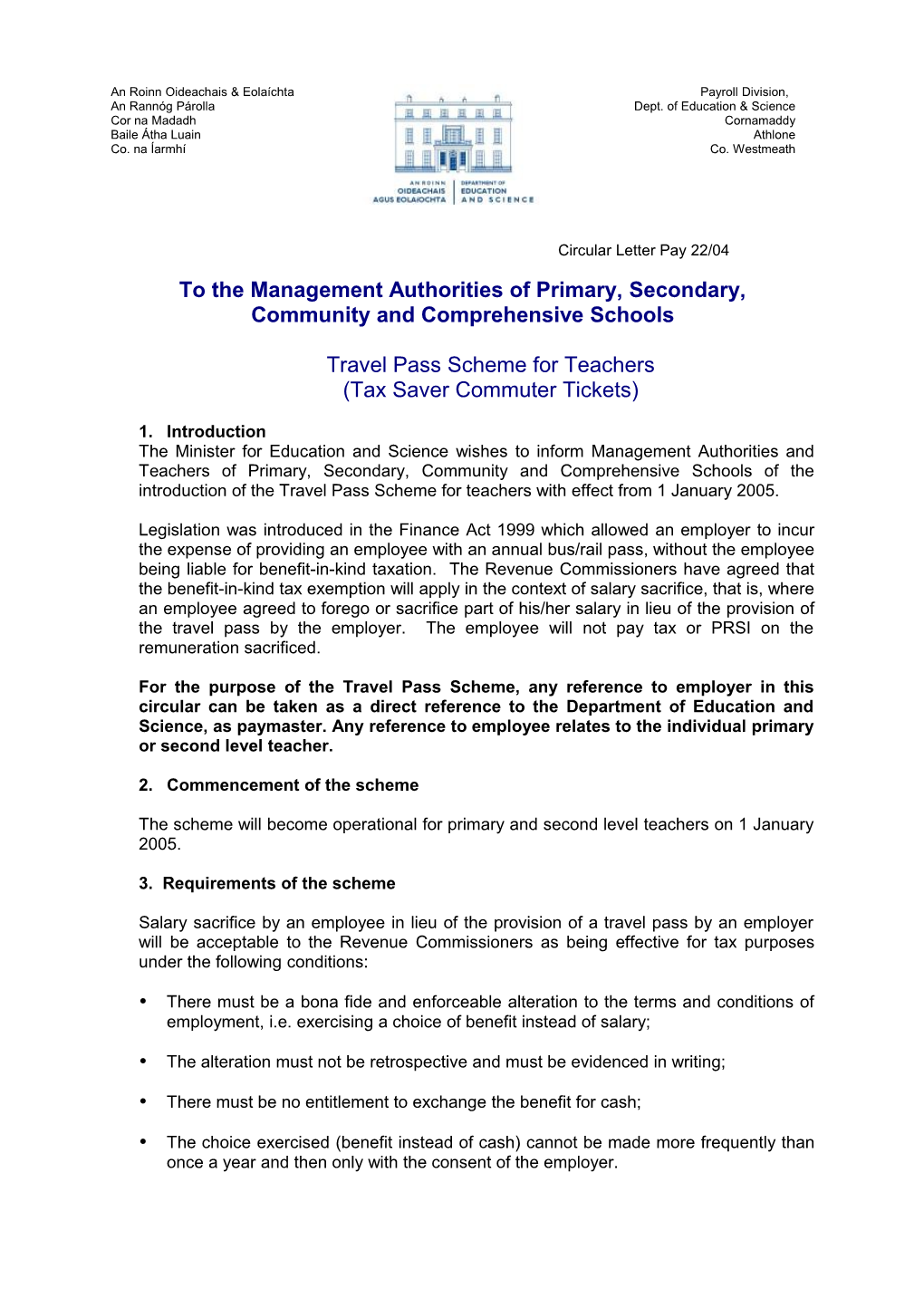 Circular Pay 22/04 - Travel Pass Scheme for Teachers (Tax Saver Commuter Tickets) (File