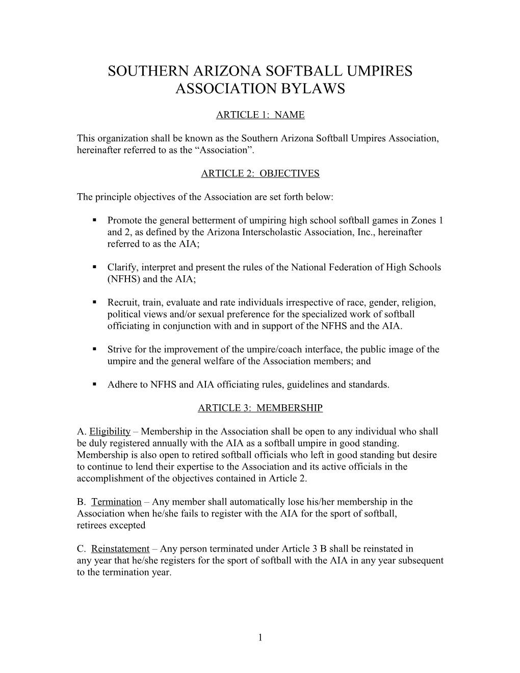 Southern Arizona Softball Umpires Association Bylaws