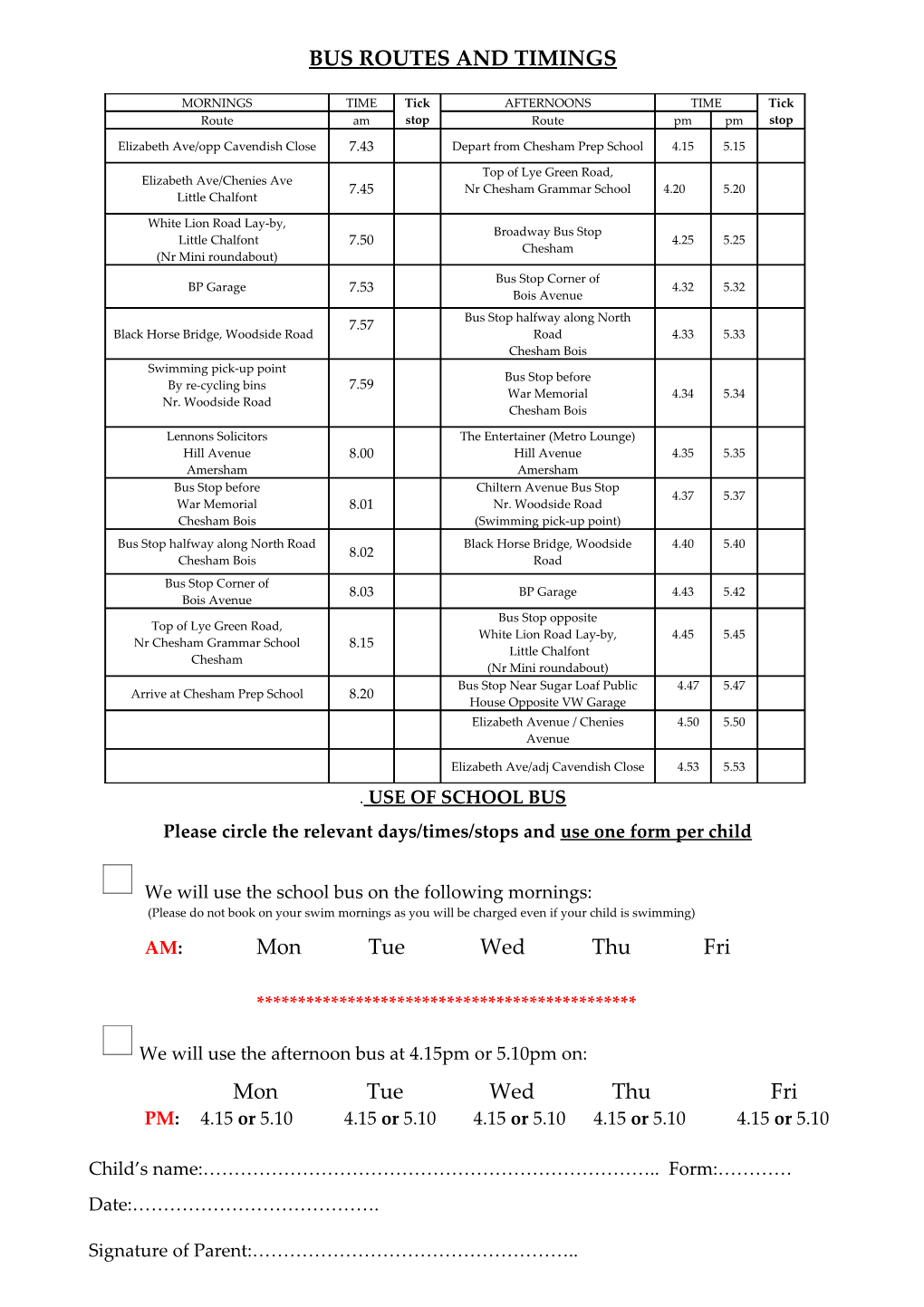 Bus Routes and Timings