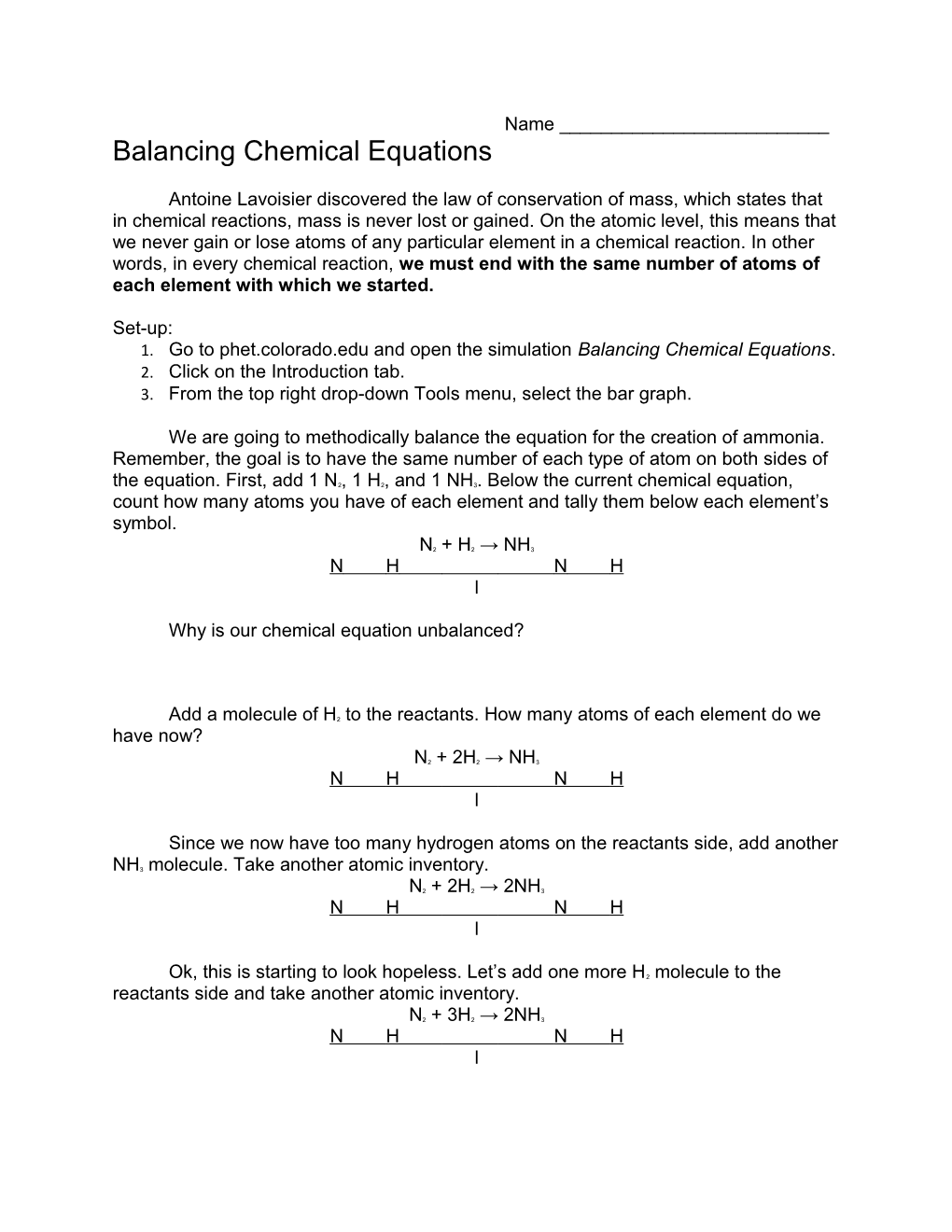 1. Go to Phet.Colorado.Edu and Open the Simulation Balancing Chemical Equations