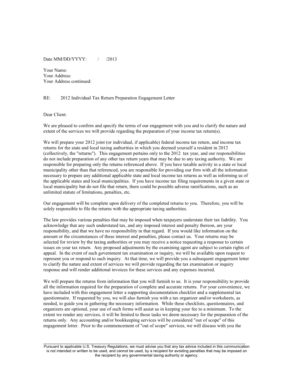 2007 Individual Tax Engagement Letter