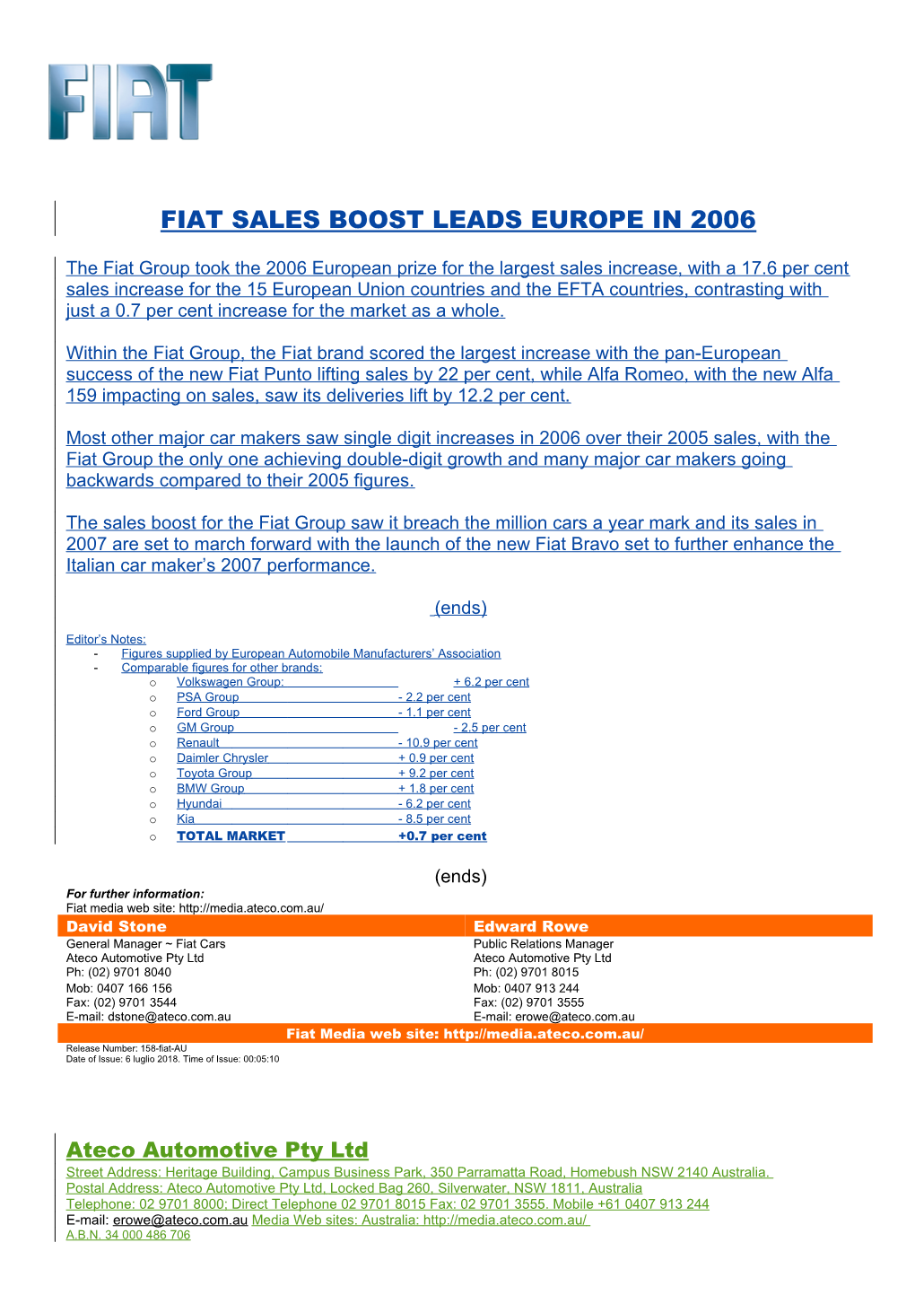 Fiat Sales Boost Leads Europe in 2006