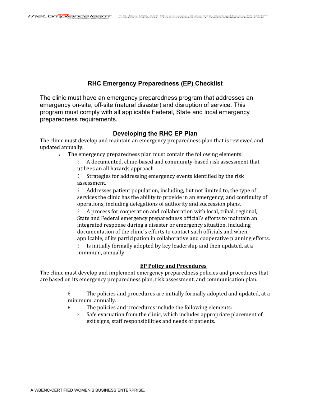 RHC Emergency Preparedness (EP) Checklist