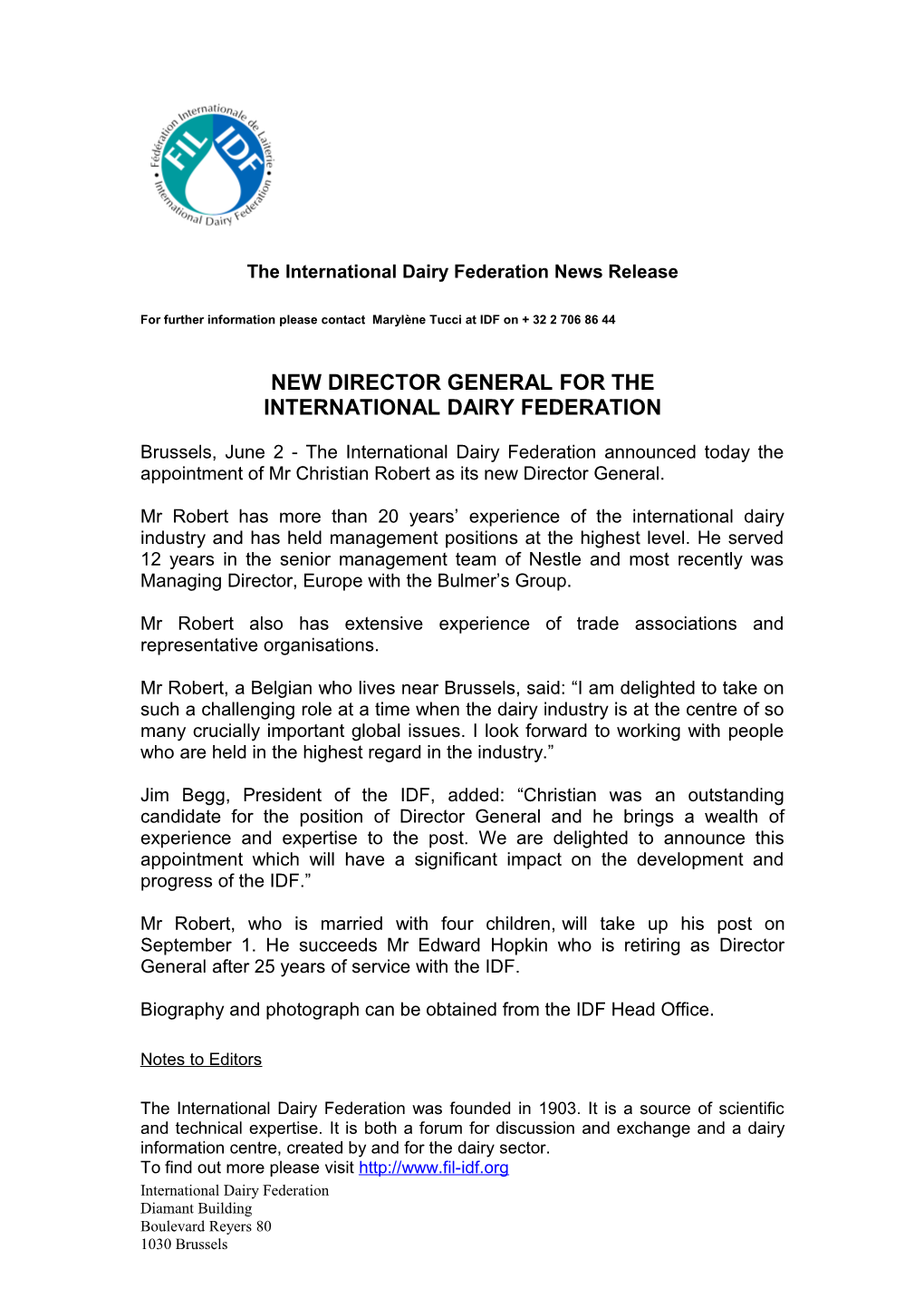 The International Dairy Federation News Release s1