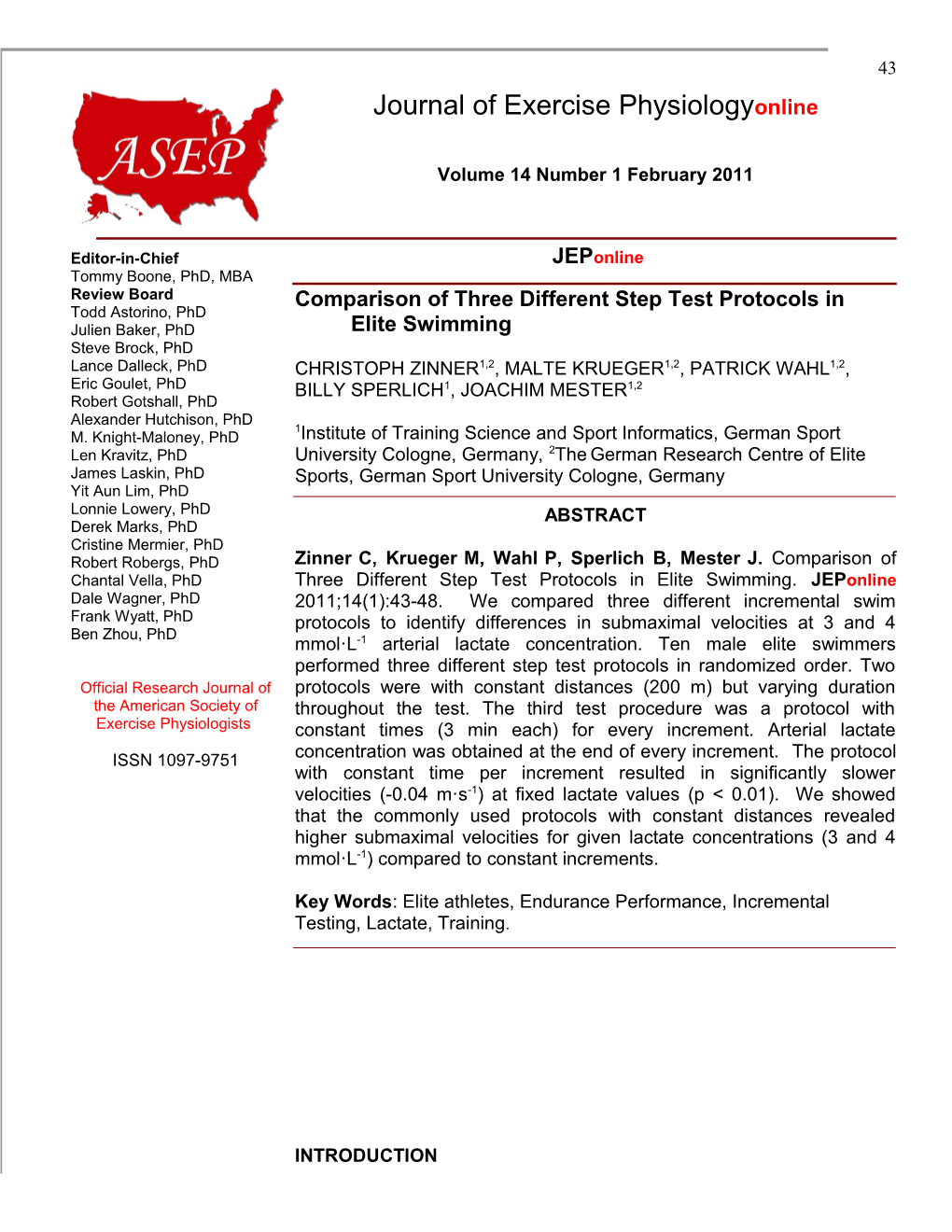 Comparison of Three Different Step Test Protocols in Elite Swimming