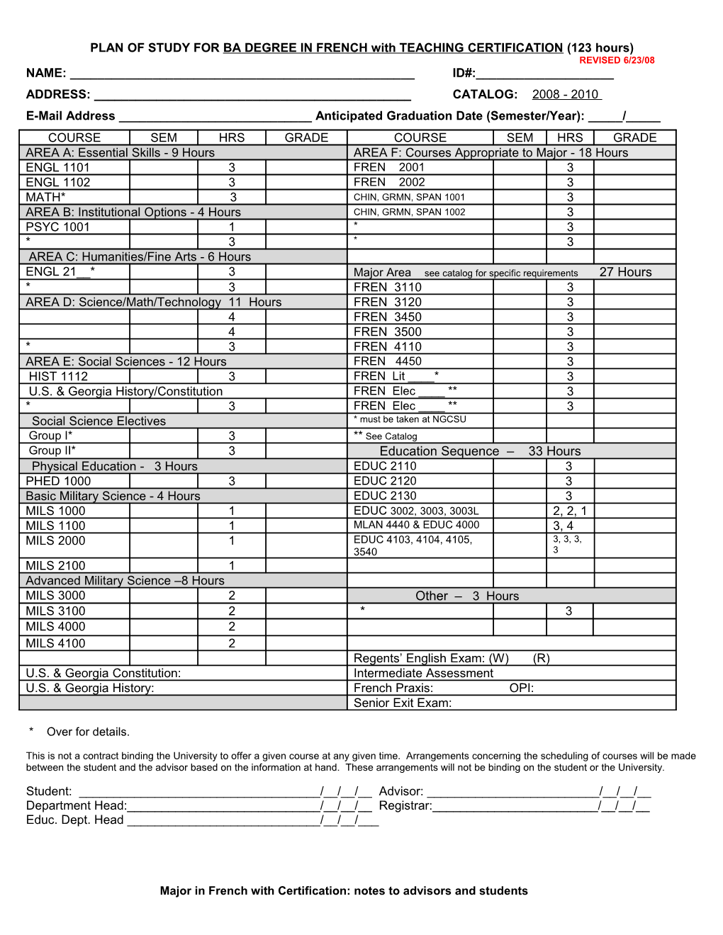 PLAN of STUDY for BA DEGREE in FRENCH with TEACHING CERTIFICATION (123 Hours)