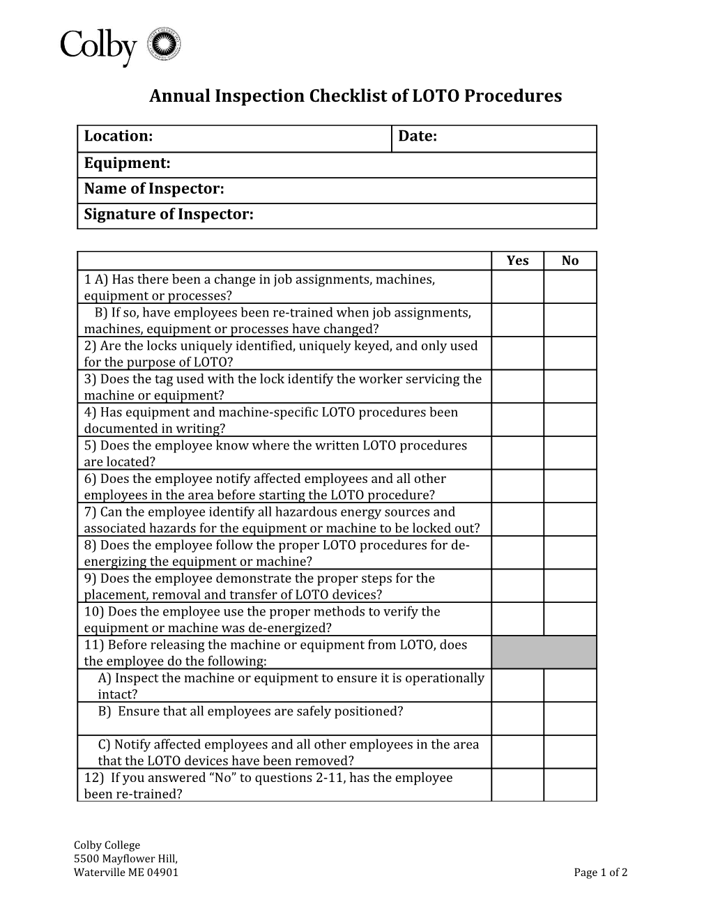 LOTO Annual Inspection Checklist