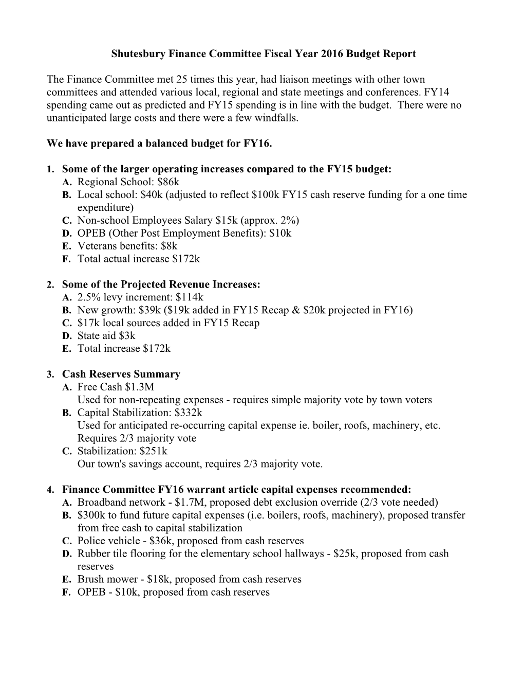 Shutesbury Finance Committee FY 16 Budget Report