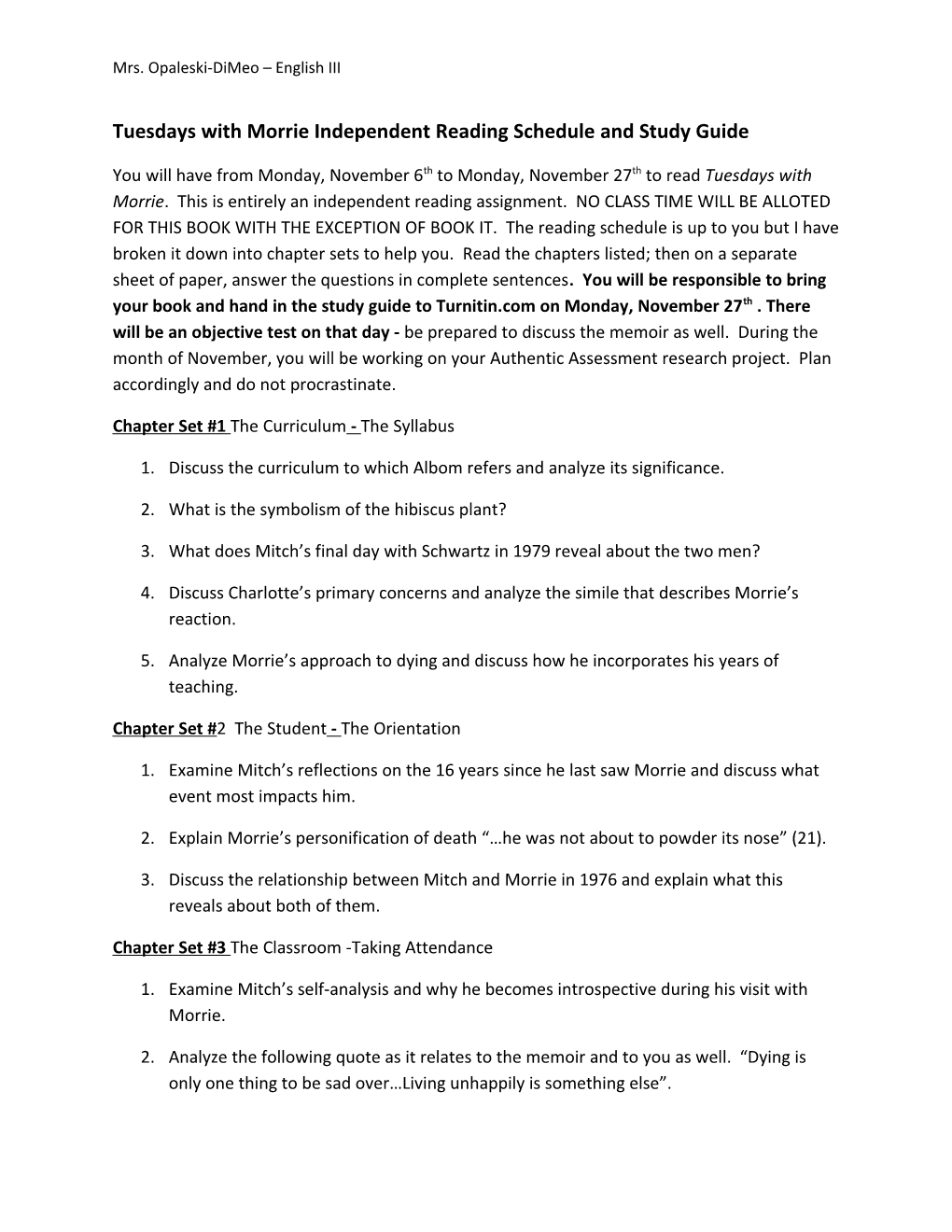 Tuesdays with Morrie Independent Reading Schedule and Study Guide