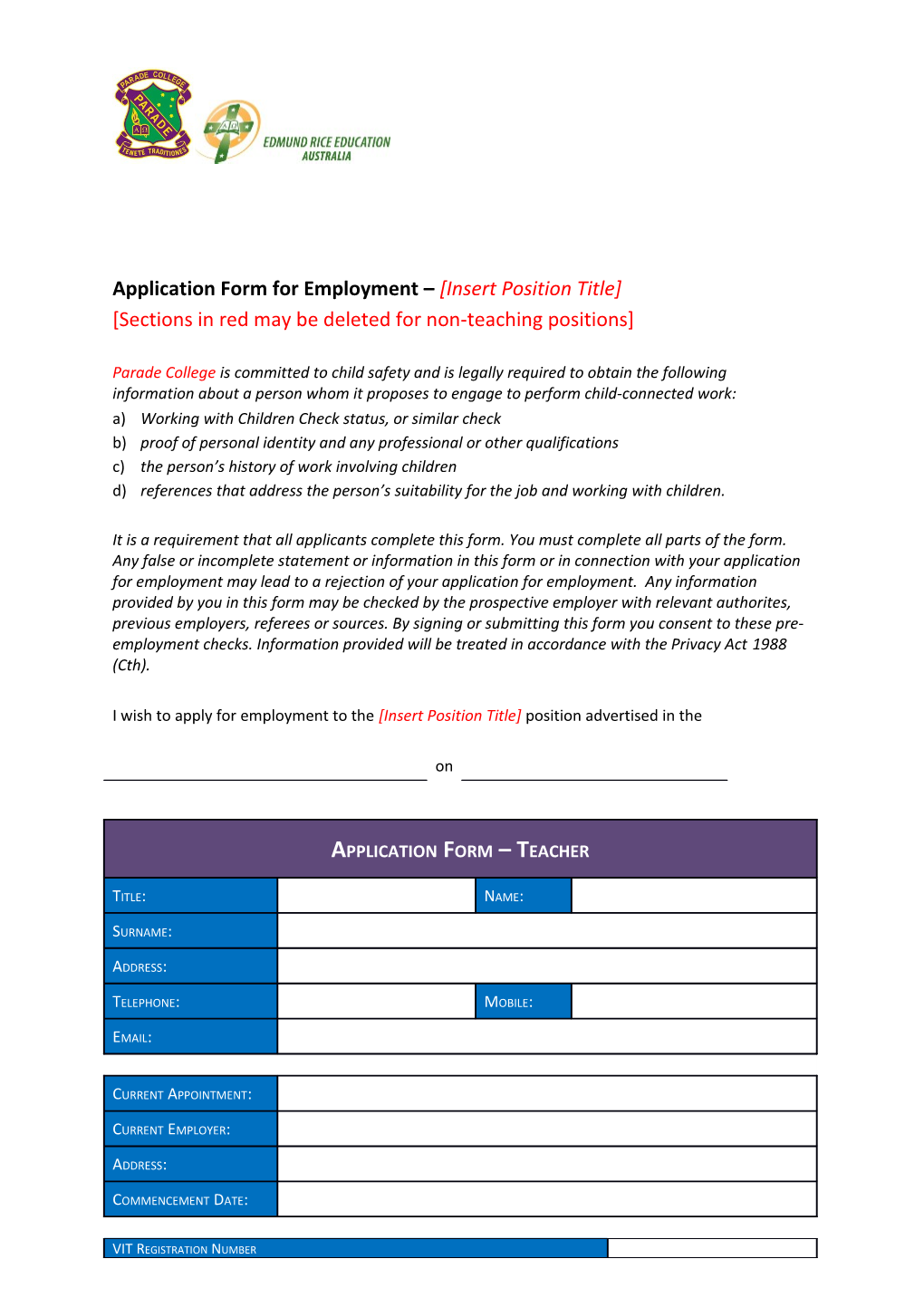 Application Form for Employment Insert Position Title