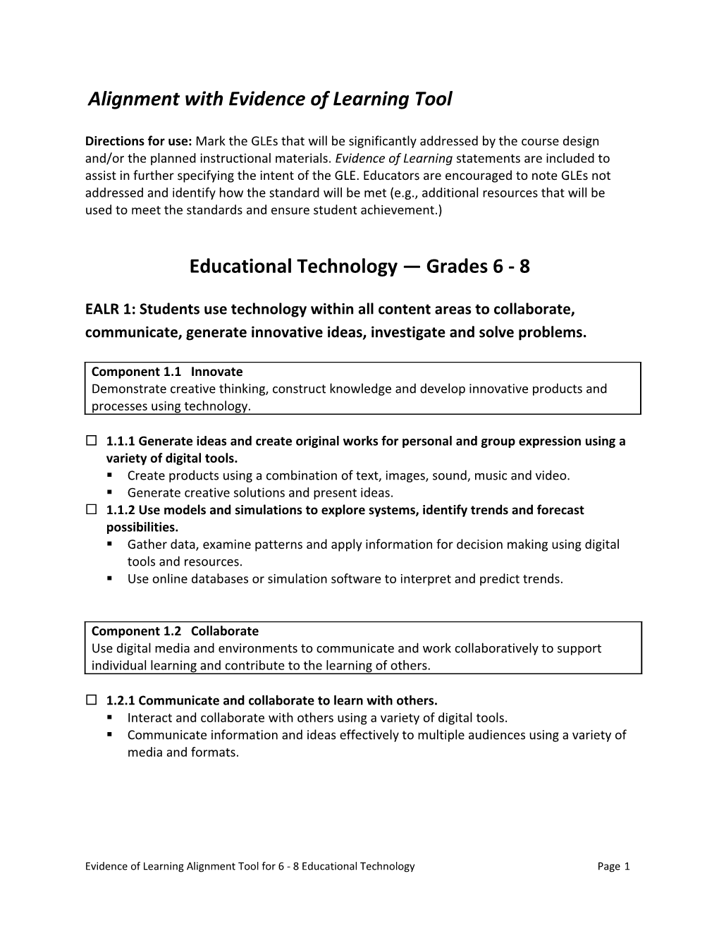 Alignment with Evidence of Learning Tool