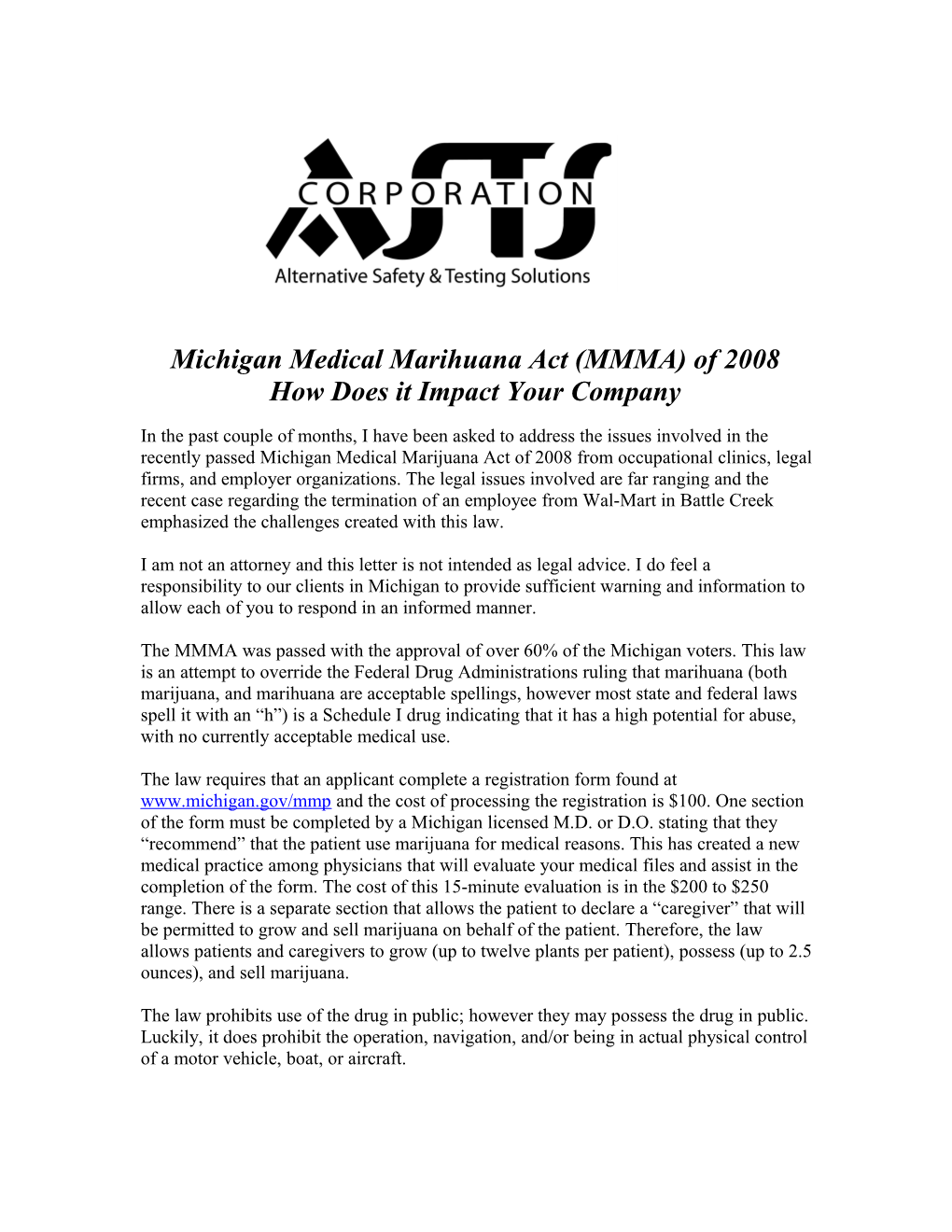 Michigan Medical Marihuana Act (MMMA) of 2008