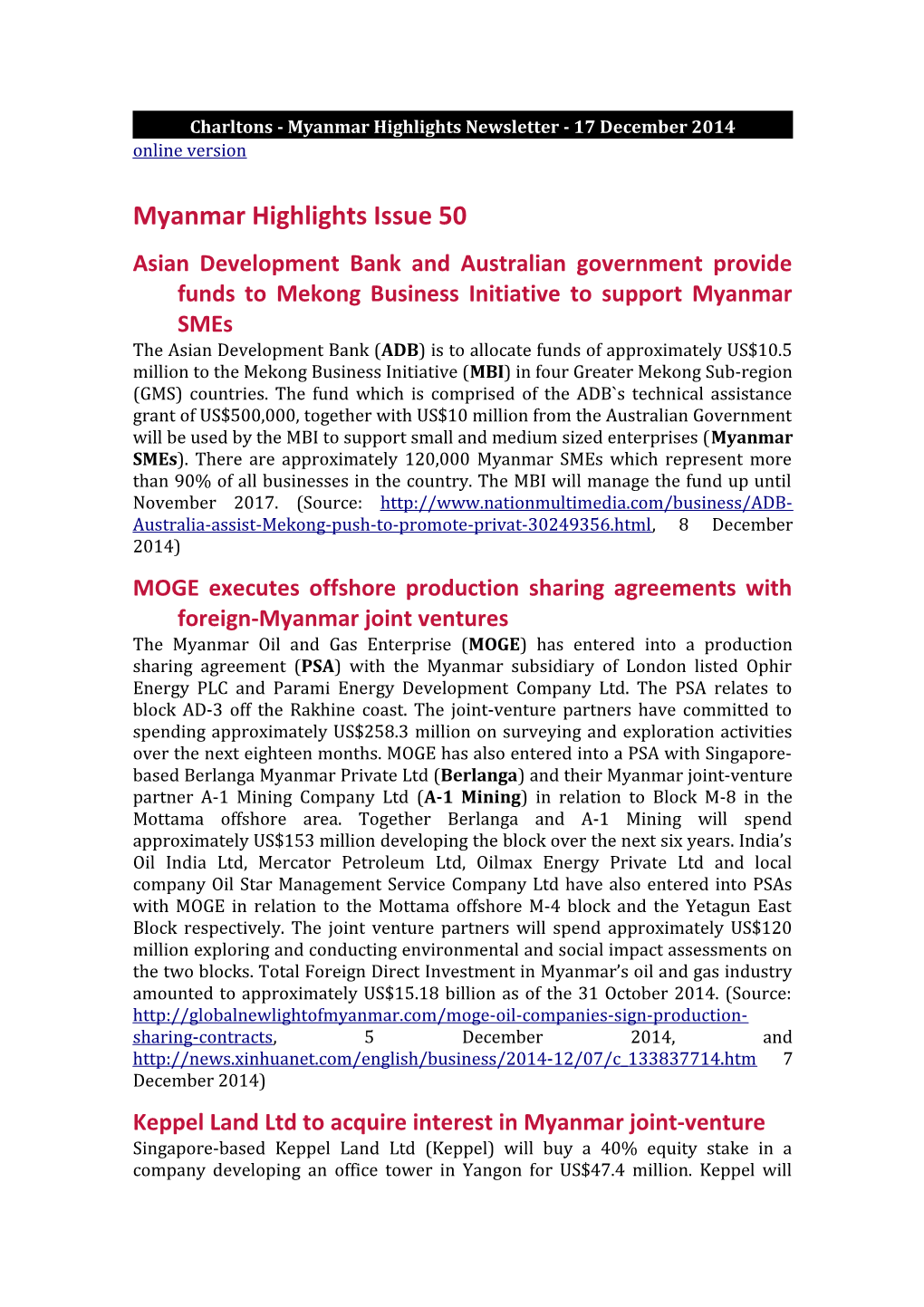 Charltons - Myanmar Highlights Newsletter - 17 December 2014